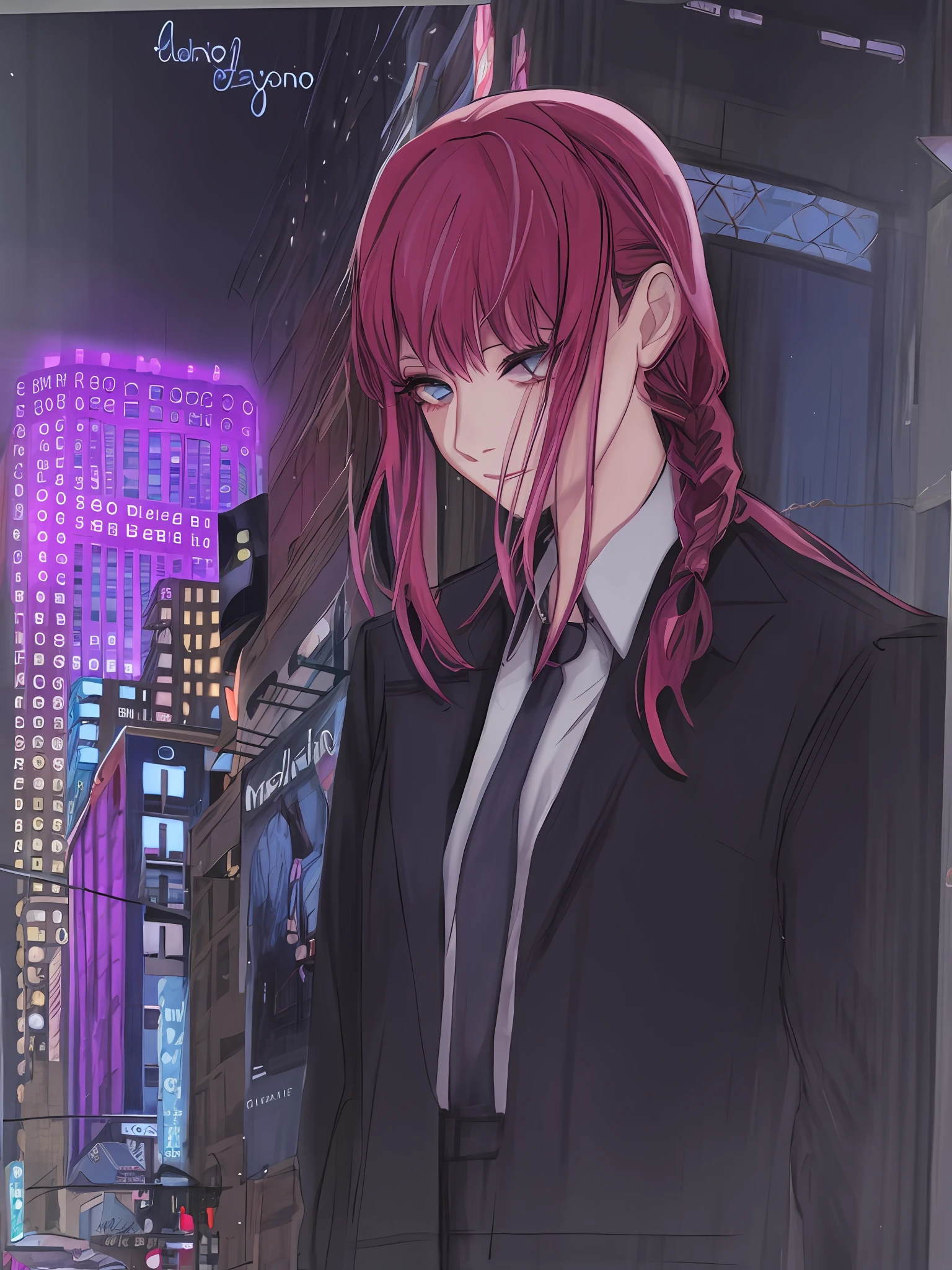 pintura de uma mulher com cabelo vermelho e uma jaqueta preta, inspirado em Ib Eisner, em neo tokyo, desenhado em um estilo neo - noir, fanart menina urbana, Sobre Ishida Art Manga, manga painting, inspirado em Yumihiko Amano, Estilo anime cityscape, capa de arte, inspirado em Harumi Hironaka, inspired by Munakata Shikō