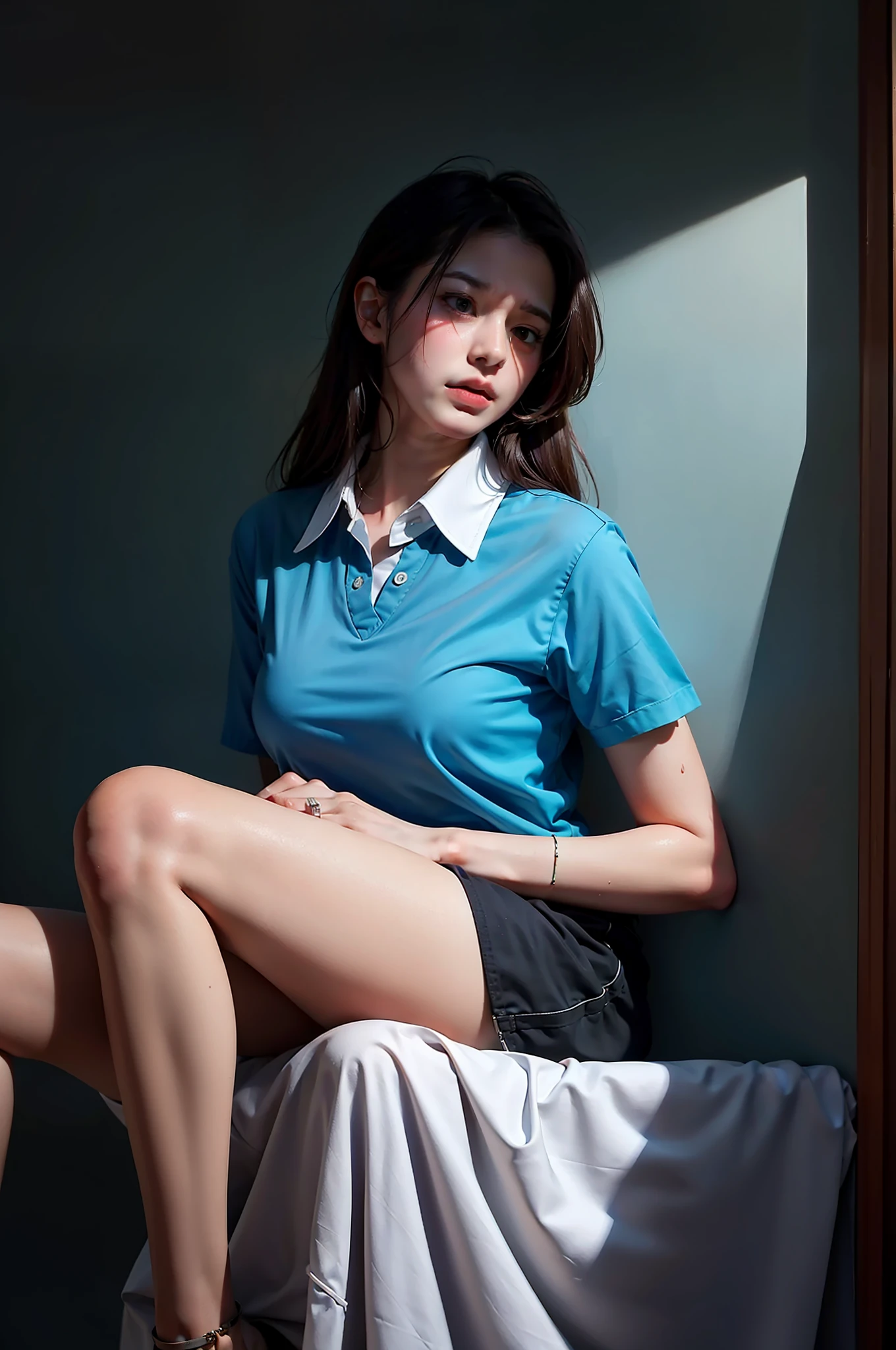 masterpiece, highres, best quality, 1girl, pained expression, simple blurr background, beautiful woman, opened collars, collared tshirt, cry, medium breasts