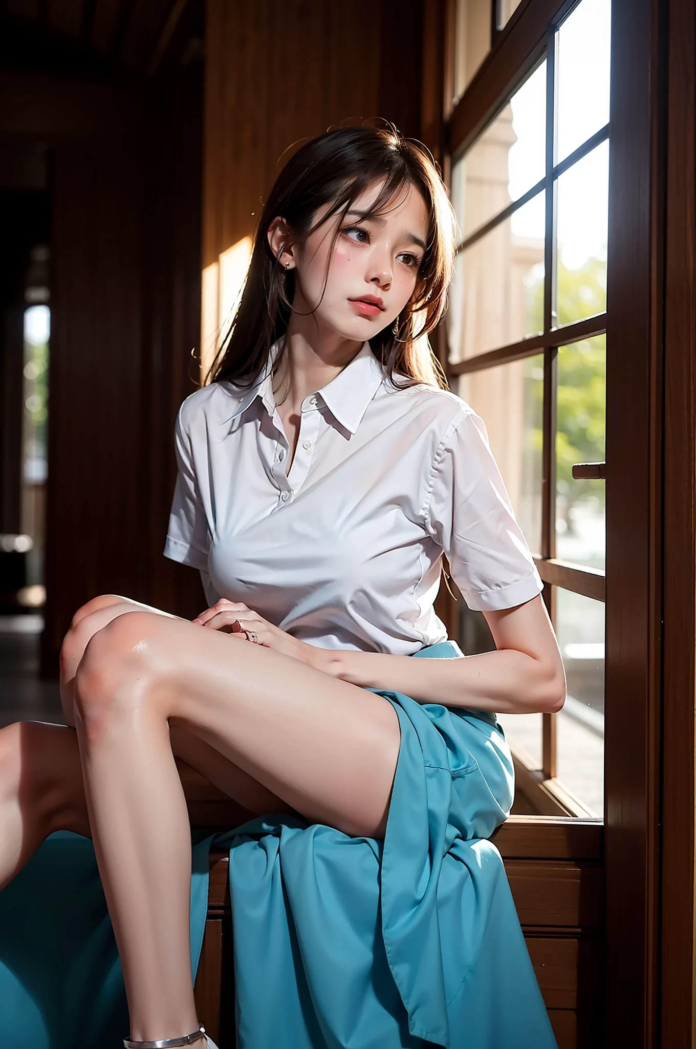 masterpiece, highres, best quality, 1girl, pained expression, simple blurr background, beautiful woman, opened collars, collared tshirt, cry, medium breasts