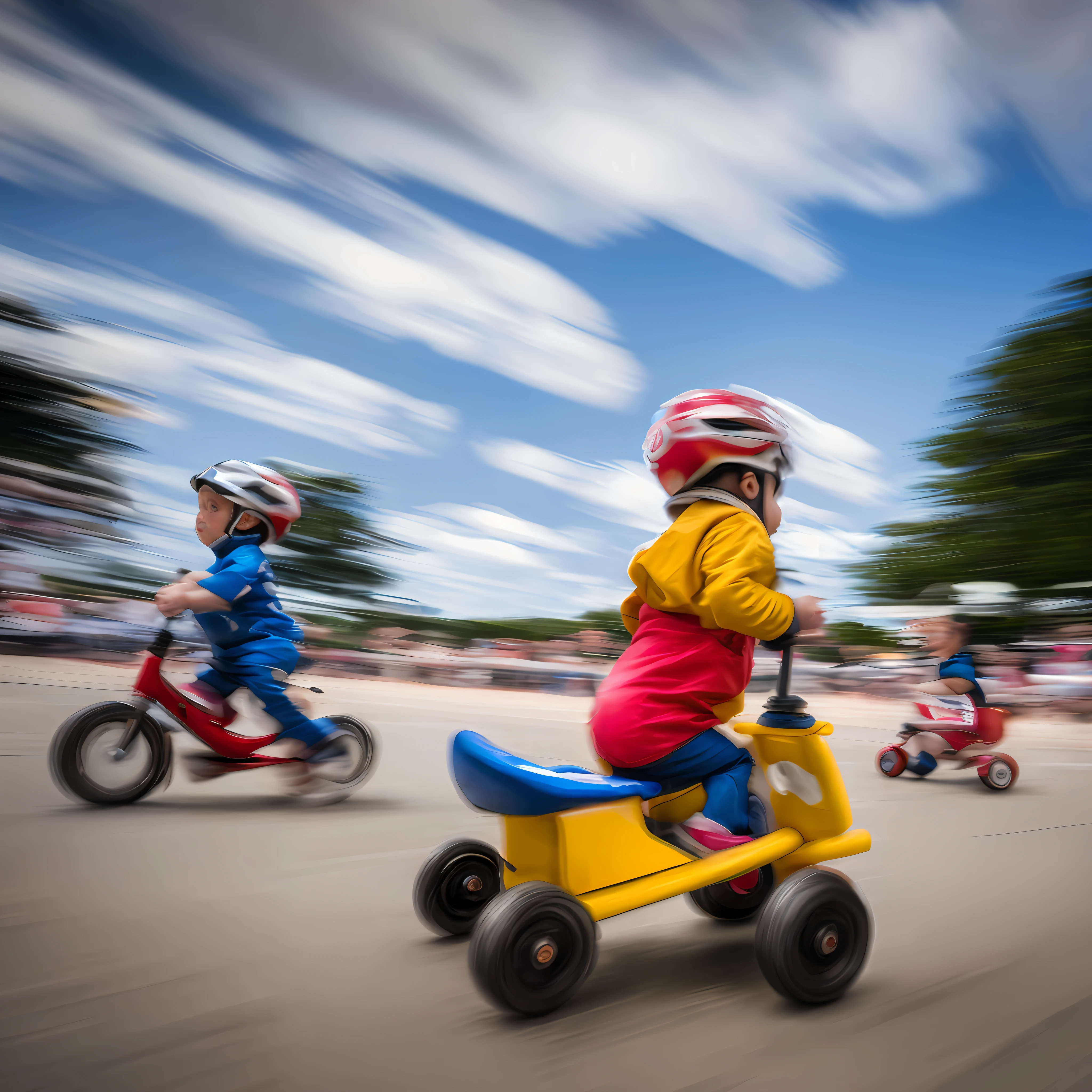 "(Close-up, raw time-lapse photography):1.2,(Toddler tricycle race, motion blur):1.3,(Long exposure):0.9,(Random expressions):1.1,Ultra-detailed, Super HD, Ridiculous Resolution." --auto