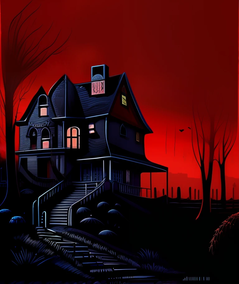 a painting of a house with a person standing in the doorway, Arte do Terror elegante, Arte do Terror, horror illustration, arte do cartaz do filme de terror, Arte do Terror 4k detalhada, Amityville, estilo poster de filme de terror, Science fiction horror arts, de filmes de terror, horror wallpaper aesthetic, cartaz de terror, Arte do Terror, arte conceitual de terror, imagem de horror, atmosfera de horror, Cartunesco, desenho, desenho a caneta, hand drawing