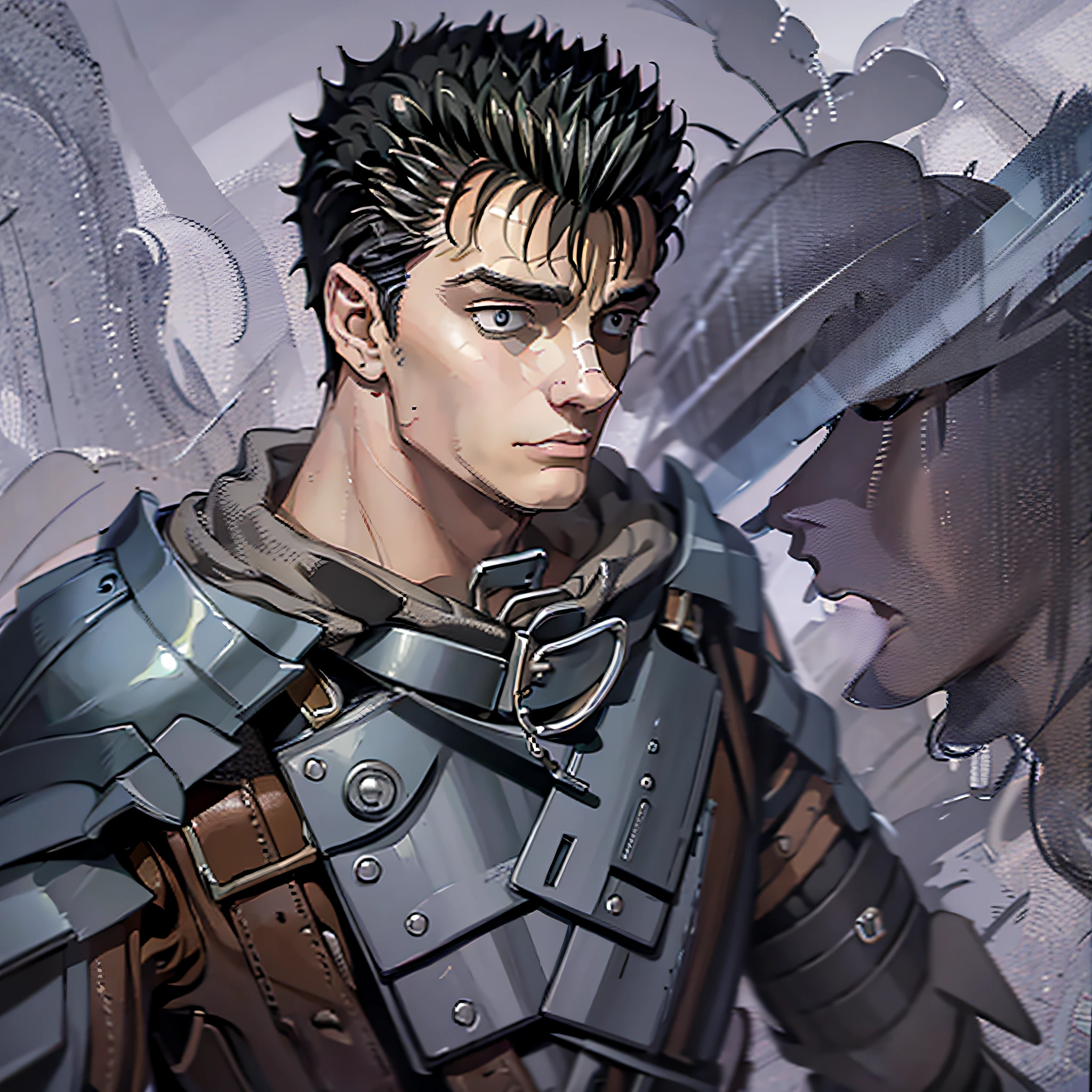 retrato de \(guts de berserk\), Obra maestra, La mejor calidad, One Boy, cabello negro, pelo corto, musculatura, Cicatrices, Ver visor, Capa negra, Gran espada, Cojinete, Fondo simple, fondo rojo, (primer plano:1.1), (Medios tradicionales), Armadura de hombro,berserk