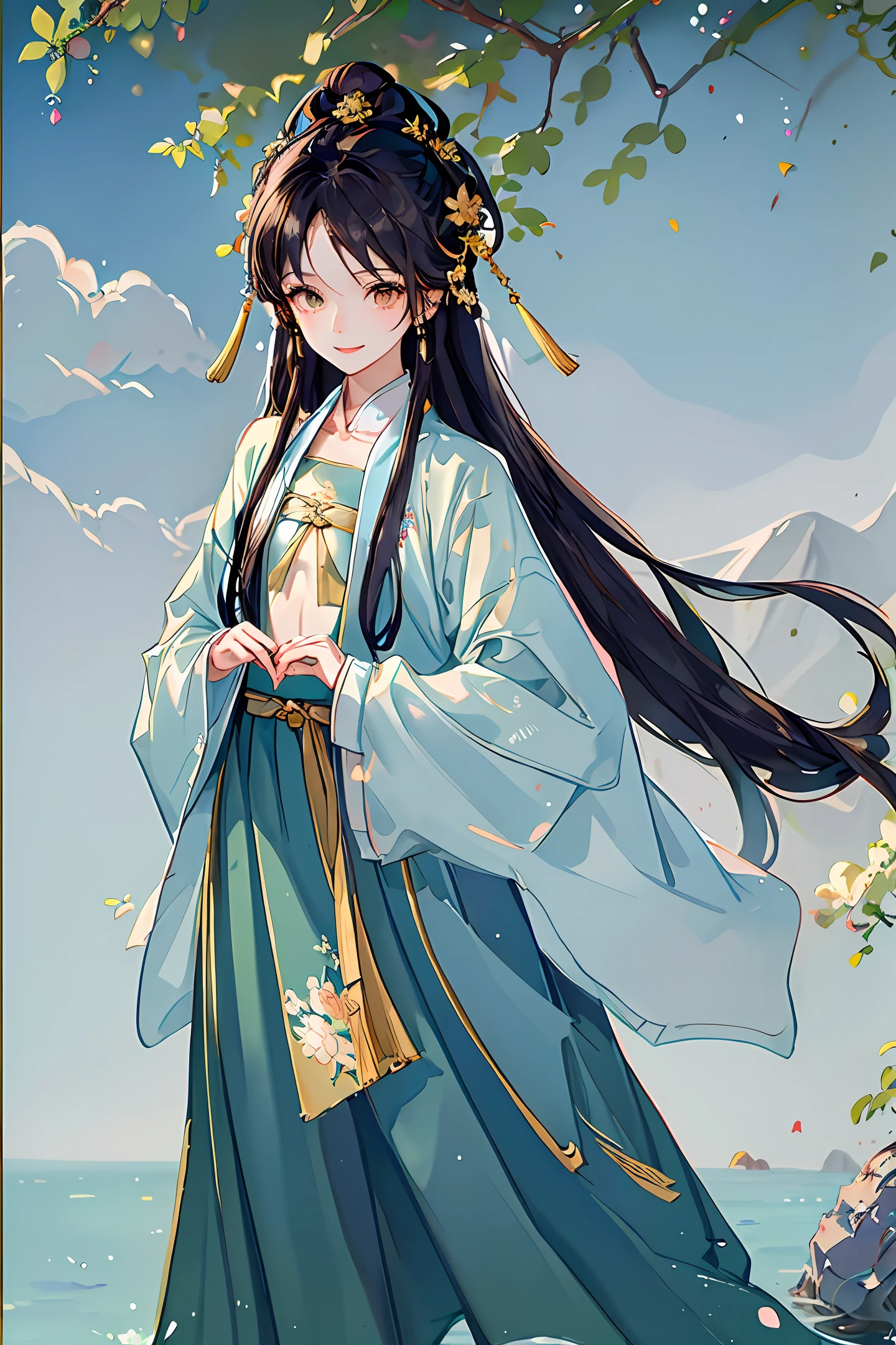 ((4k,masterpiece,best quality)), shuimobysim, Traditional chinese painting, lotuses, Hanfu, maxiskit, Dress conservatively 1girl, solo, blue long hair, Smile with, to stand, Feet in the water, bare foots,1girl, 独奏, White polo shirt, White sneakers, tennis wear, white mini skirt, The Masterpiece, best possible quality, lifelike, ultra - detailed, (shinyskin, sweats:1.4), absurdities, looking at the spectator, with short black hair, brown-eyed,slender,Dynamic light and shadow,high - resolution,Sharp focus,deep of field,The eyes are delicate,Sharp pupils,pupil realistic,(little chest:1.6),(thickthighs:1.0),al fresco,Sky completely ?????