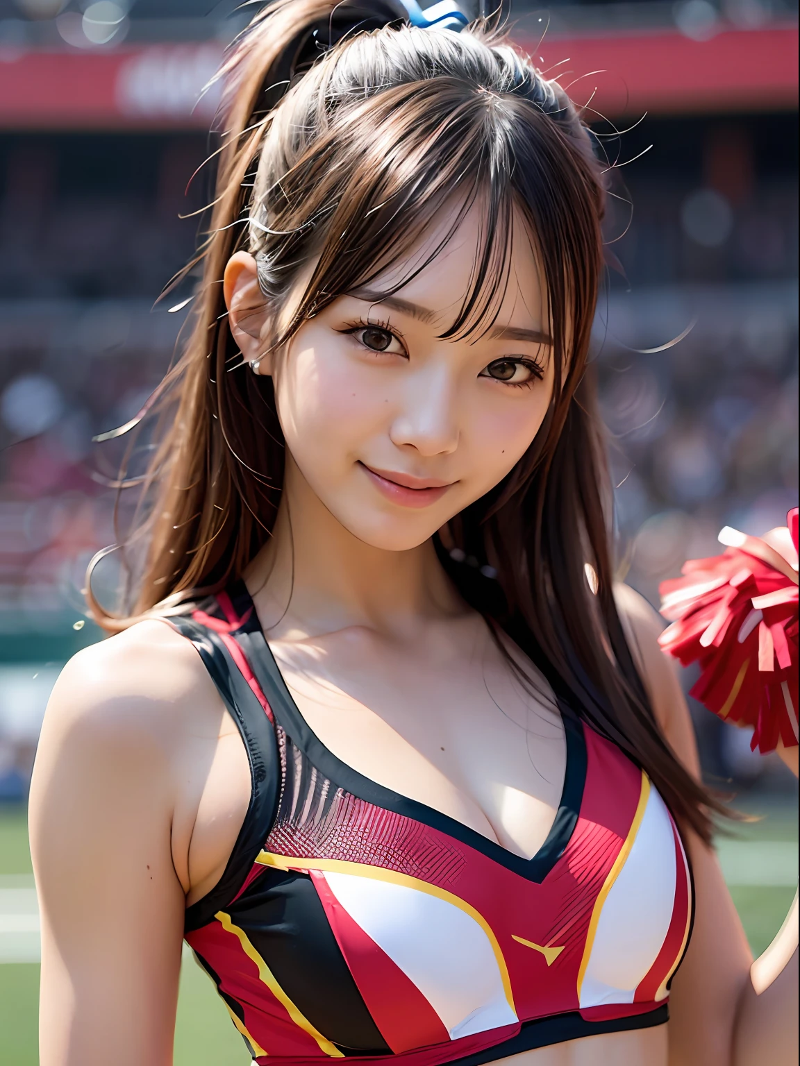 Ala Fed Asian cheerleader holding pom pom in stadium, closeup, closeup, cosplay photo, anime cosplay, small breasts, RAW photo, best quality, high resolution, (masterpiece), (photorealistic:1.4), professional photography, sharp focus, HDR, 8K resolution, intricate details, depth of field, highly detailed cg unity 8k wallpaper, Front Light, NSFW, Woman, Girl, Beautiful Supermodel, Smiling, Slender, (Sweating all over: 1.3),