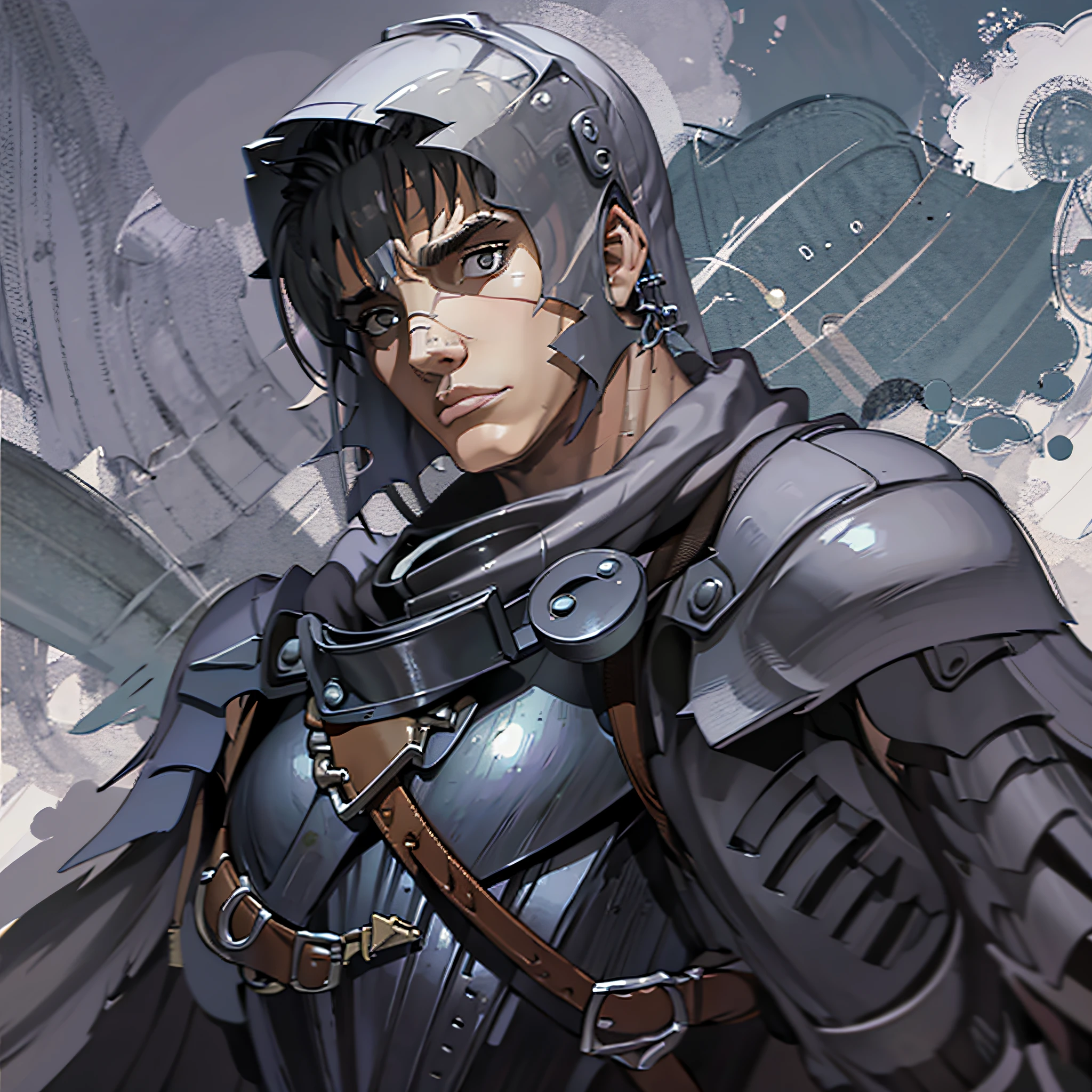 retrato de \(guts de berserk\), Obra maestra, La mejor calidad, One Boy, cabello negro, pelo corto, musculatura, Cicatrices, Ver visor, Capa negra, Gran espada, Cojinete, Fondo simple, fondo rojo, (primer plano:1.1), (Medios tradicionales), Armadura de hombro,berserk