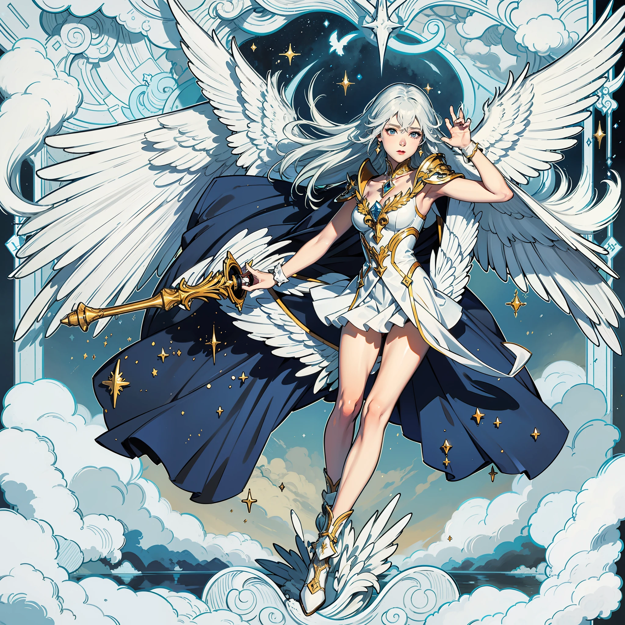 "((Obra maestra)), La mejor calidad, ultrarrealista, Muy detallado Es Pegasus Cavalier Saint Seiya, Dynamic Angle, dynamic pose, Pegaso de alas plateadas, (1girl), ojos azules, cabello morado claro, Armadura blanca brillante, (flotante:1.2), Estrellas en el fondo, divine lighting, alto contraste, Filtro de anime" --auto