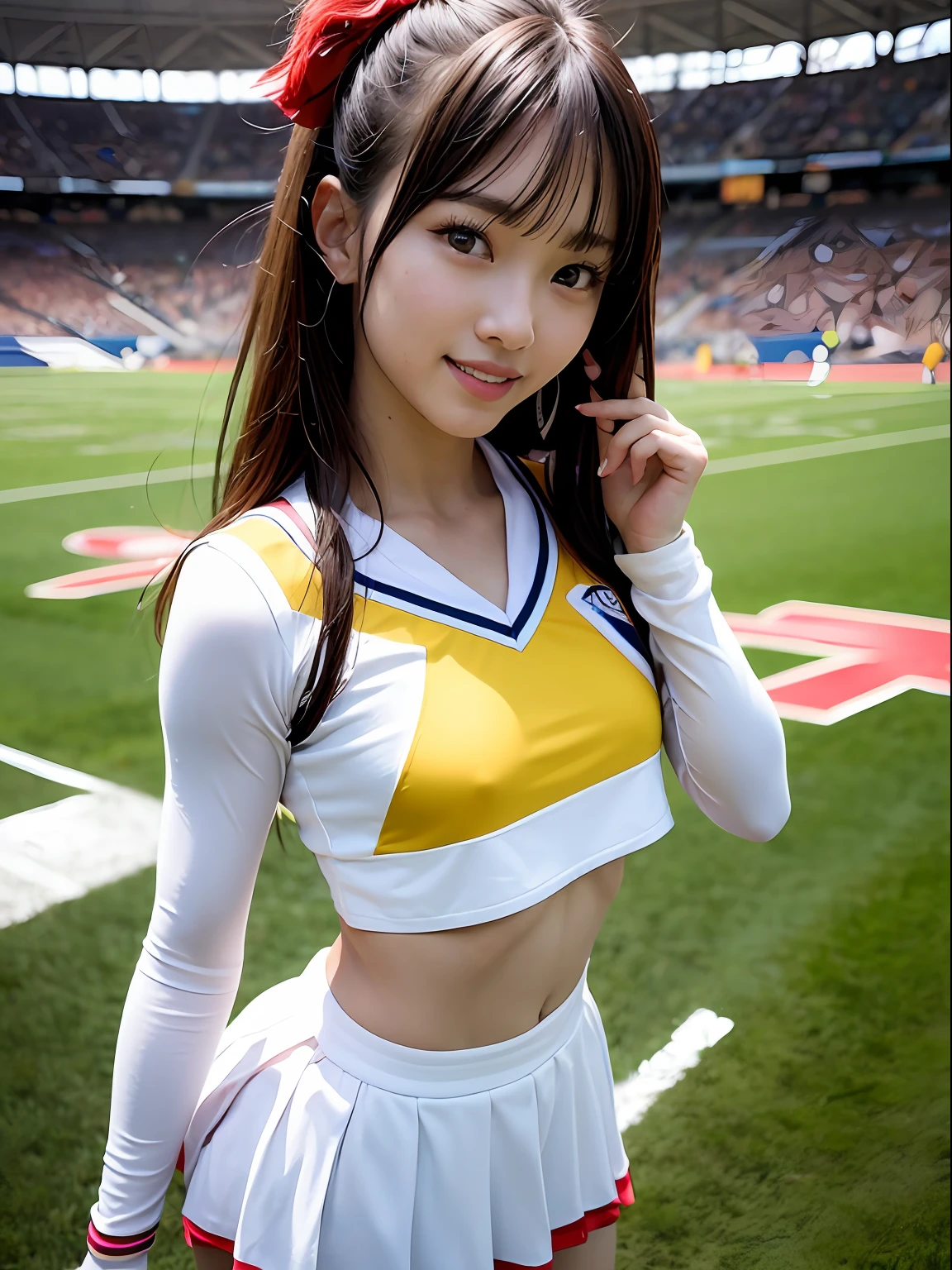 Ala-Fed Asian cheerleader posing dynamically with pom-pom in stadium, close-up, cosplay photo, anime cosplay, small breasts, RAW photo, Best Quality, High Resolution, (Masterpiece), (Photorealism:1.4), Professional Photography, Sharp Focus, HDR, 8K Resolution, Complex Details, Depth of Field, Highly detailed CG Unity 8k wallpaper, front light, NSFW, woman, girl, beautiful supermodel, smile, slender, small cheer uniform, yellow, marie rose, sailor suit