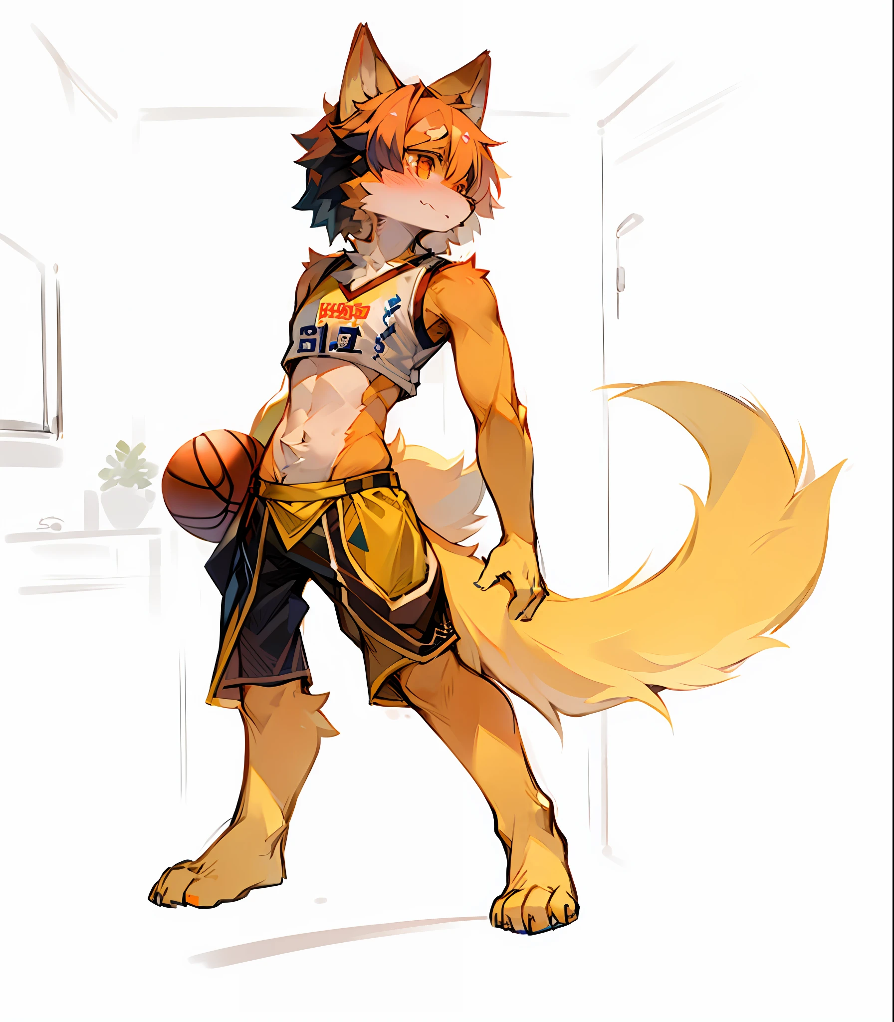 The Masterpiece,high qulity,Ridiculous resolution,digitally painting\(artworks\),Dagasi,Yupa,Kiyosan,(Fluffy fur:1.1),(luminance:0.8),anthro male wolf。 (Orange eyes,Orange-yellow fur,Full Body Furry,wolf snout:1.2),Bright eye,the panorama,Character focus。detailedbackground,(Orange basketball jersey,dribbble,Playing the Basketball:1.2),(inside room,basketball court: 1.2)