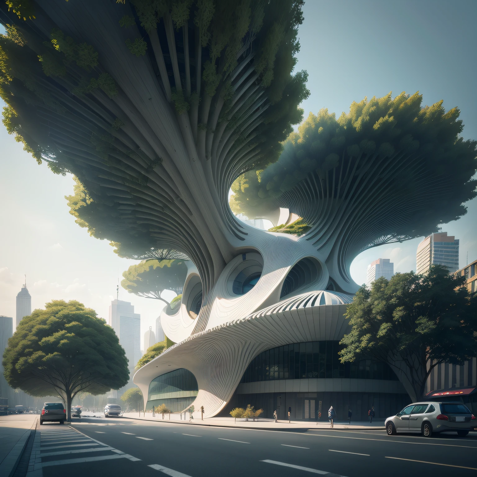 Futuristic architecture, arquitetura premiada, skyscraper architectureCity, photographic style, Rendering, Alameda de plane trees, Highly detailed dream building in the architectural styles of Oscar Niemeyer and Ernst Haeckel :: arquiteturacore :: High contrast wide avenue in front full of trees, plane trees
