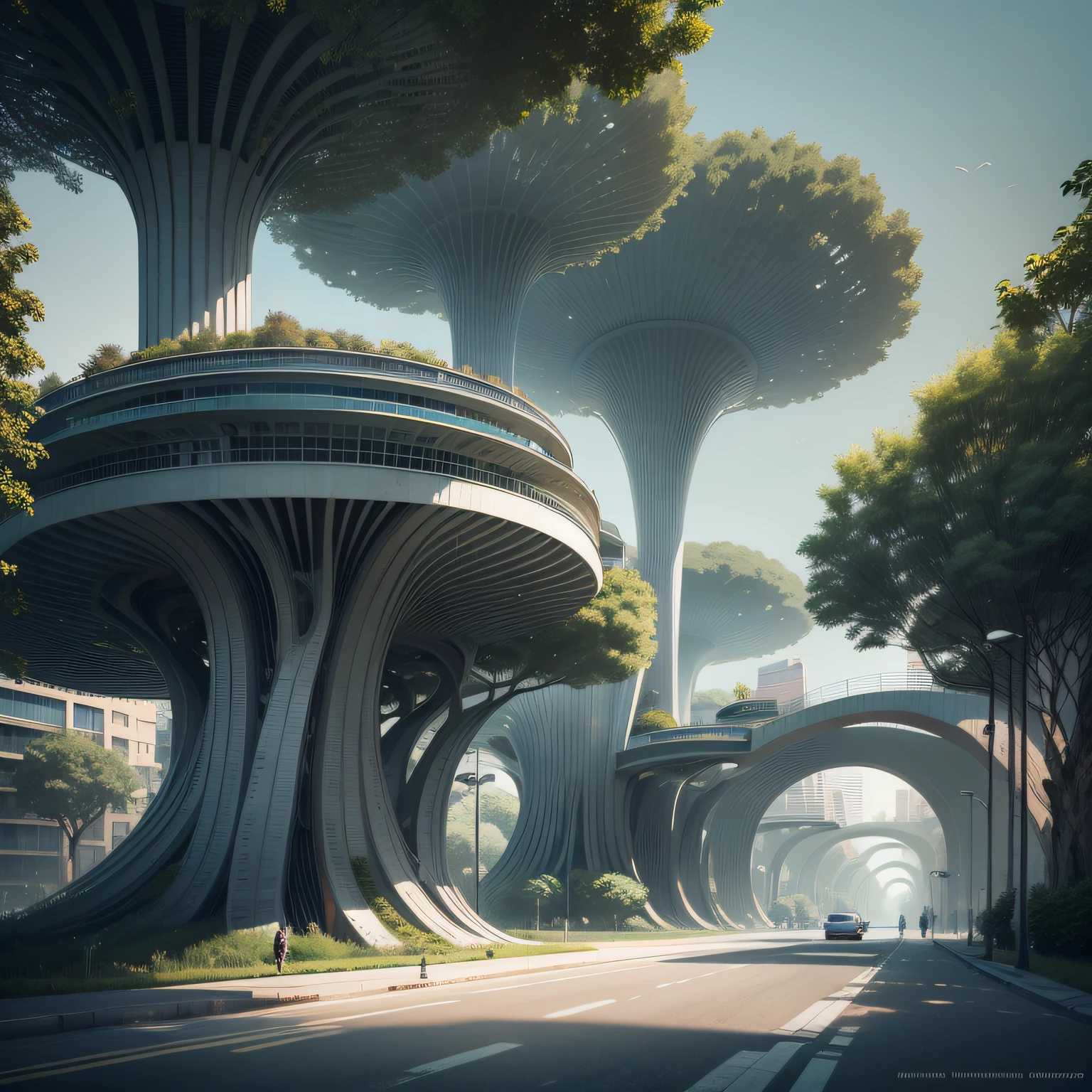 Futuristic architecture, arquitetura premiada, skyscraper architectureCity, photographic style, Rendering, Alameda de plane trees, Highly detailed dream building in the architectural styles of Oscar Niemeyer and Ernst Haeckel :: arquiteturacore :: High contrast wide avenue in front full of trees, plane trees