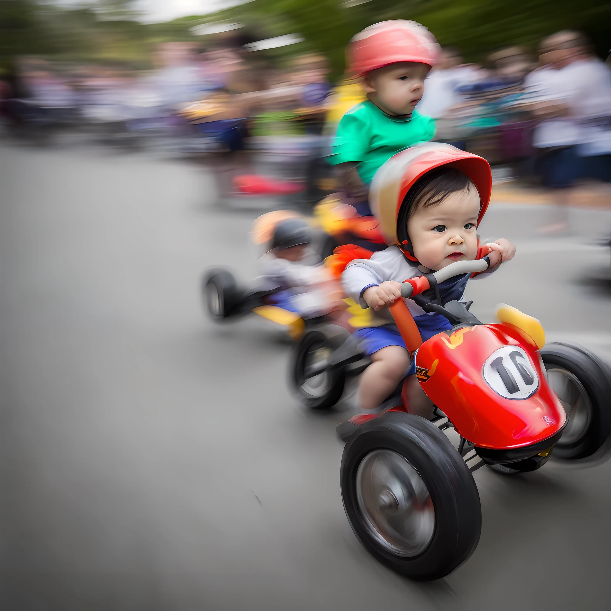 "(Close-up, raw time-lapse photography):1.2,(Toddler tricycle race, motion blur):1.3,(Long exposure):0.9,(Random expressions):1.1,Ultra-detailed, Super HD, Ridiculous Resolution." --auto