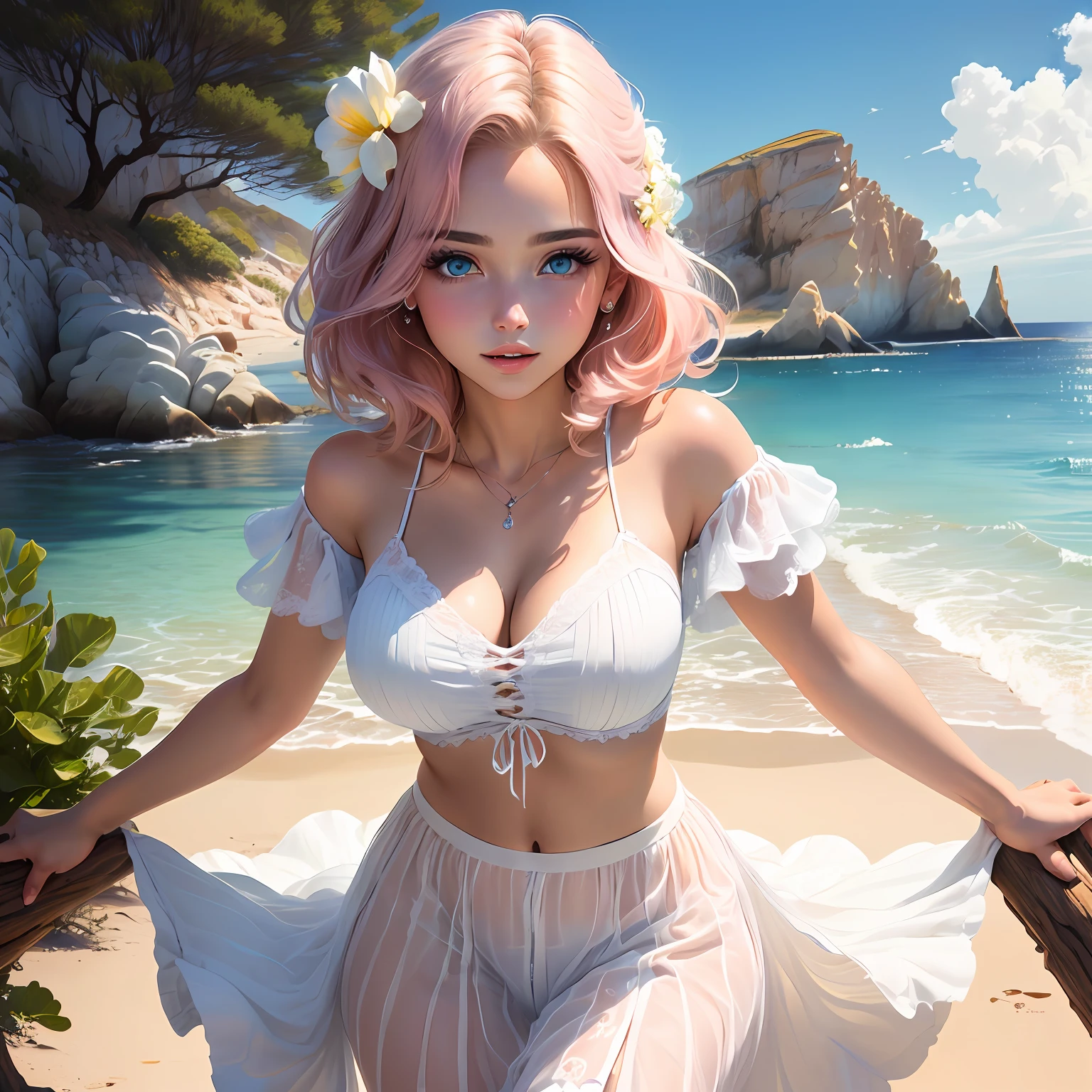 realista, 1girl, cabelo branco, olhos roxos, olhos brilhantes,seios grandes, top cropped decotado, saia curta, sem calcinha, half-open lips, blush, noite, flores, sol, luz solar,