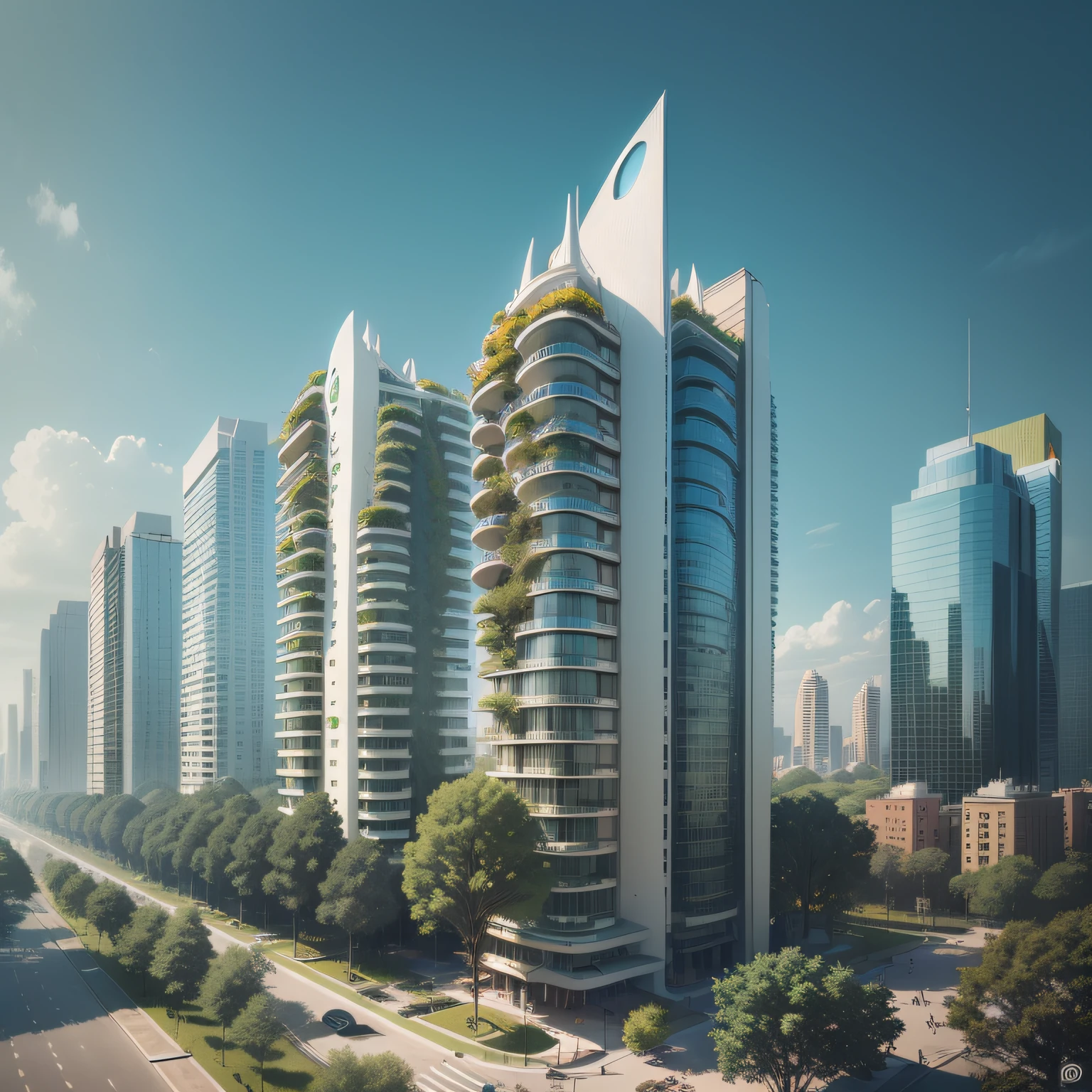 Futuristic architecture, arquitetura premiada, skyscraper architectureCity, photographic style, Rendering, Alameda de plane trees, Highly detailed dream building in the architectural styles of Oscar Niemeyer and Ernst Haeckel :: arquiteturacore :: High contrast wide avenue in front full of trees, plane trees