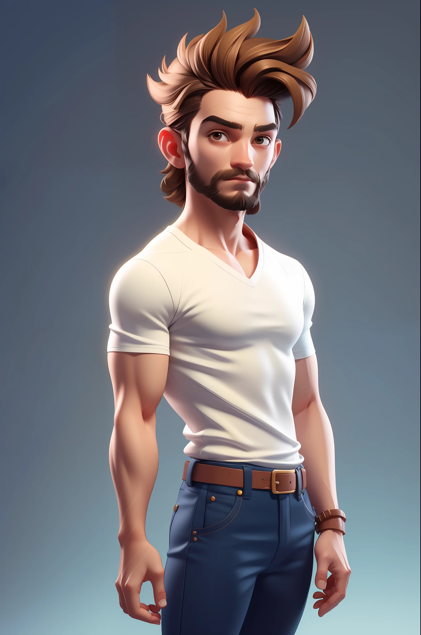 3dcharacter, (1man, 28 anos, masculino: 1.2), olhos castanhos , barba grossa ruiva, cabelo ruivo, V-Neck Top, (corpo inteiro: 1.2), fundo simples, obra-prima, melhor qualidade, (fundo claro do gradiente marrom: 1.1)