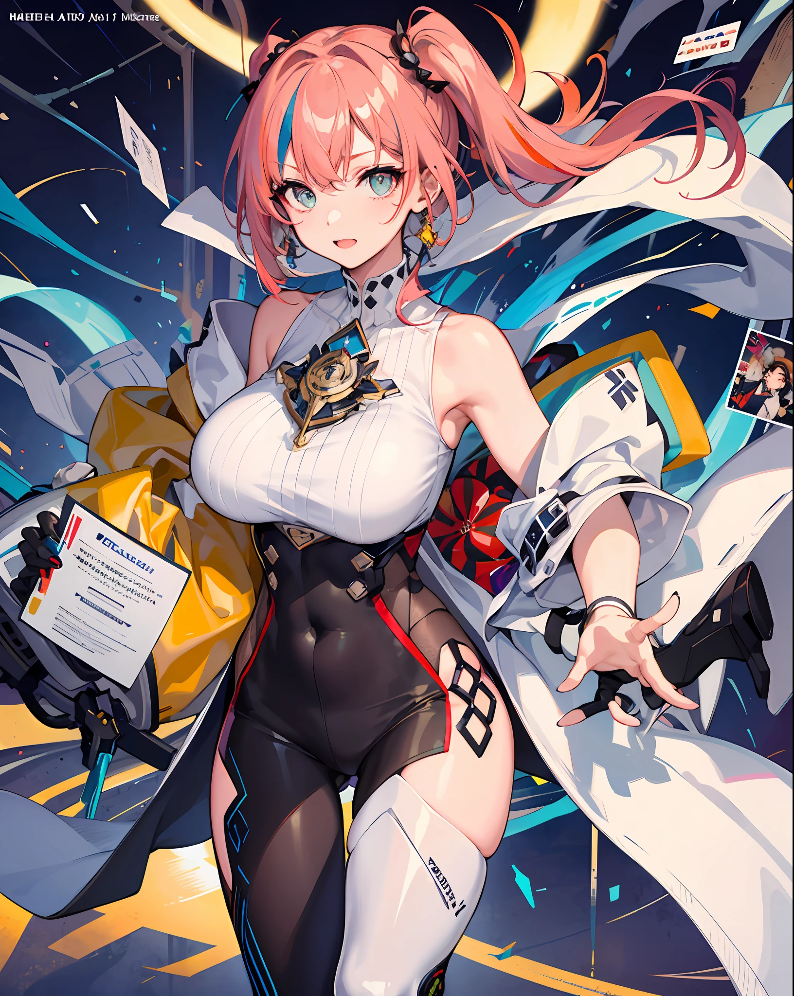 background, misto-language_text, letras japonesas em graffit ,garotas, long gradient red hair, excellent lighting, sidelighting, perfeito ultimate (cor plana: 1.3), (magazine_cover: 1.4), (multicolored_background: 1.3), striped_background, card_background, :: discs with sharp, shiny blades in hand :: circular pieces of white metals glued to the ultra detailed arms coming out of shimmering glow, desenho de estrela negra estampada no meio da camisa , perfeita e detalhada, camisa ultra detalhado com desenho abstrato e com estampa de letras japonesas em grafit dos lados da roupa, imagem de garotas com big breast, accompanied by an ultra-detailed cyborg lion, com efeitos imersivos, efeito pairar, fundo estilo grafite tatuagem tribal com flores e cores vibrantes, "hdr ultra" detalhadas e com efeito de foco, (obra-prima: 1.2, melhor qualidade), (beautiful eyes with huge finely detailed eyelashes: 1.2), , ((Solo)), (Olhos finamente detalhados e rosto detalhado :1.3), in various full-body attack poses, (fundo bonito : 1.2),traje futurista, Super detailed circular metals Grabbed on the arms and pants, Fantastic paintings, https://www.bandlab.com/lowsong/albums/a34588f7-a91f-ee11-907e-00224844f29e