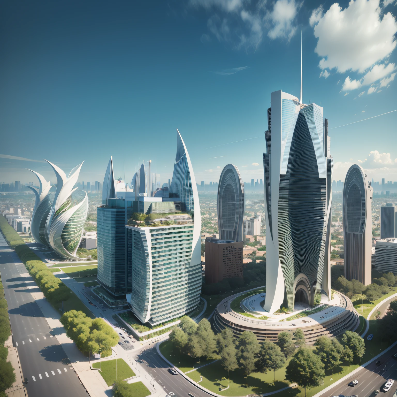 Futuristic architecture, arquitetura premiada, skyscraper architectureCity, photographic style, Rendering, Alameda de plane trees, Highly detailed dream building in the architectural styles of Oscar Niemeyer and Ernst Haeckel :: arquiteturacore :: High contrast wide avenue in front full of trees, plane trees