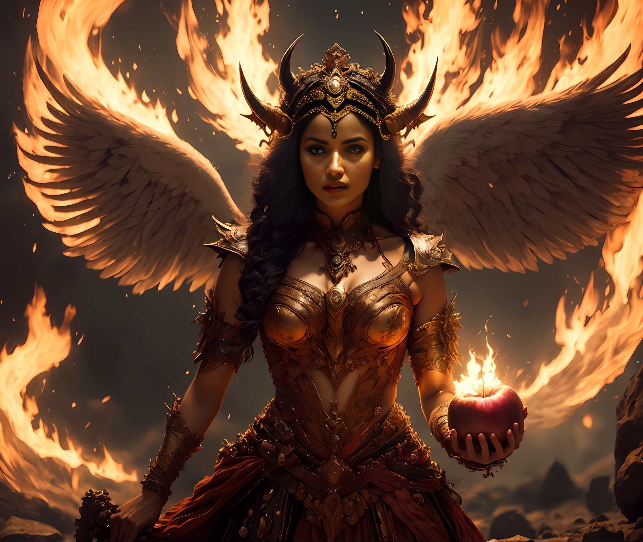 Por favor, create a realistic image of Lilith as a goddess holding an apple in her hand. Ela deve ter asas pretas, cabelos escuros e olhos pretos. The horns must be symmetrical, brilhantes e destacados, com detalhes vermelhos. Lilith deve estar vestindo um vestido feito com folhas secas. The scenery should be bleak, cinematic and realistic, com luzes de fogo emitindo uma luz vermelha e flamejante.