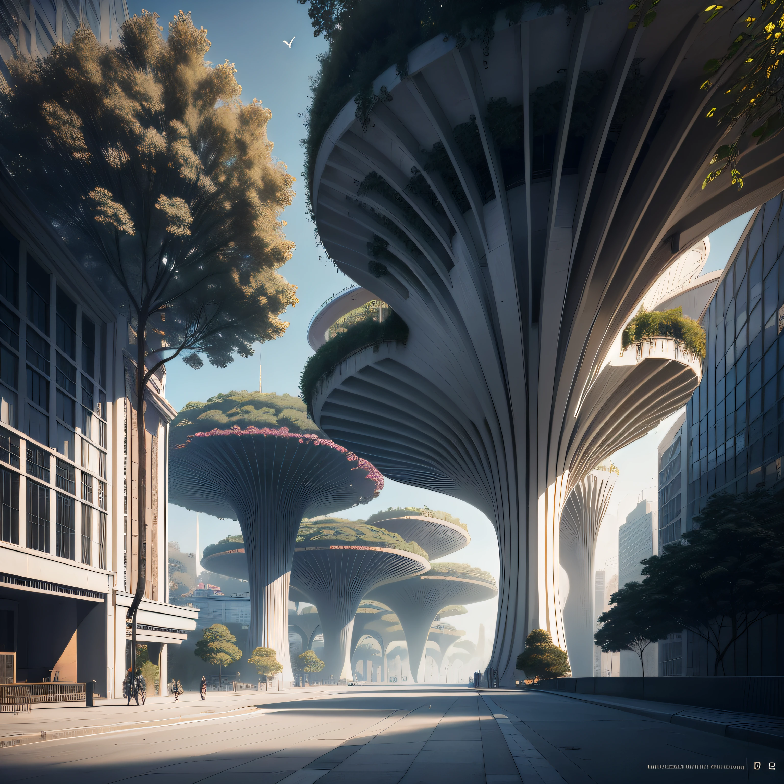 Futuristic architecture, arquitetura premiada, skyscraper architectureCity, photographic style, Rendering, Alameda de plane trees, Highly detailed dream building in the architectural styles of Oscar Niemeyer and Ernst Haeckel :: arquiteturacore :: High contrast wide avenue in front full of trees, plane trees