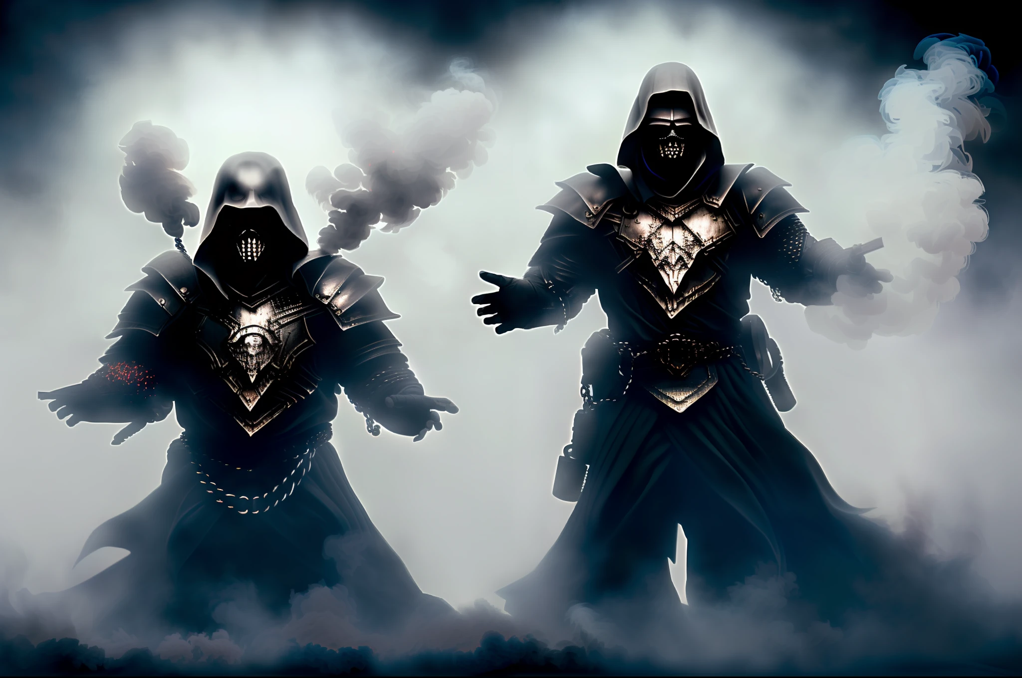 ((realistic dark art:1.2), (unsaturated:0.9|high contrast:1.1), strong atmosphere, dark color palette, dramatic lighting, intense expression, dynamic pose, (1 figure), (red eyes:1.2|half face obscured), chainmail armor, weapon in hand, (emitting light from the background:1.1), (smoke or dust particles), (negative space:1.2))