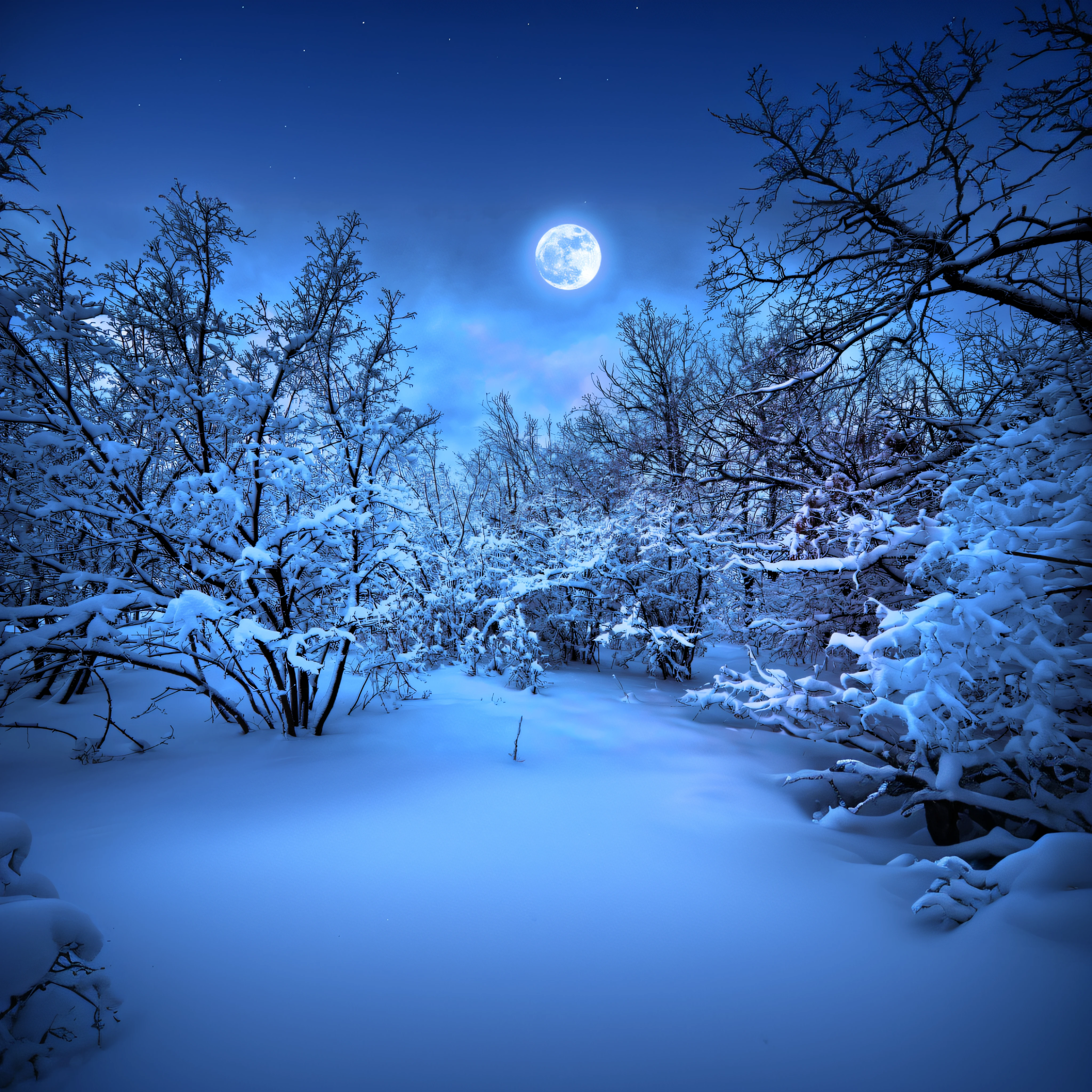 snowy trees and a full moon in the sky with a blue sky, neve ao luar, noite de inverno, luar nevando, noite escura de inverno camuflada, noite escura de inverno, nevado, bela noite de luar, noite nevada, bela paisagem nevada, Noite de Natal de inverno nevada, Floresta iluminada pela lua, floresta de inverno, uma imagem de uma floresta iluminada pela lua, noite de luar, snowy arctic environment