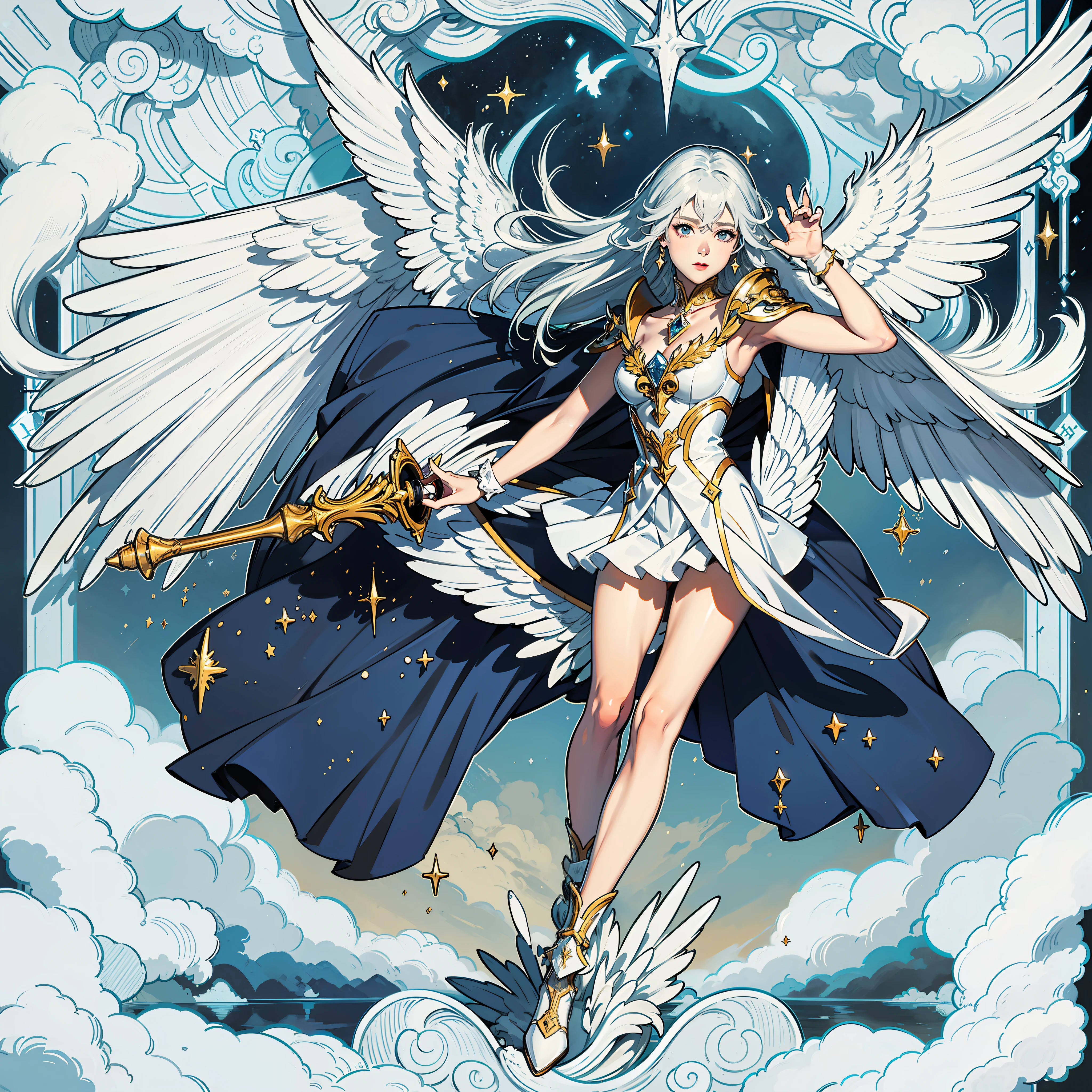 "((Obra maestra)), La mejor calidad, ultrarrealista, Muy detallado Es Pegasus Cavalier Saint Seiya, Dynamic Angle, dynamic  pose, Pegaso de alas plateadas, (1girl), ojos azules, cabello morado claro, Armadura blanca brillante, (flotante:1.2), Estrellas en el fondo, divine lighting, alto contraste, Filtro de anime" --auto