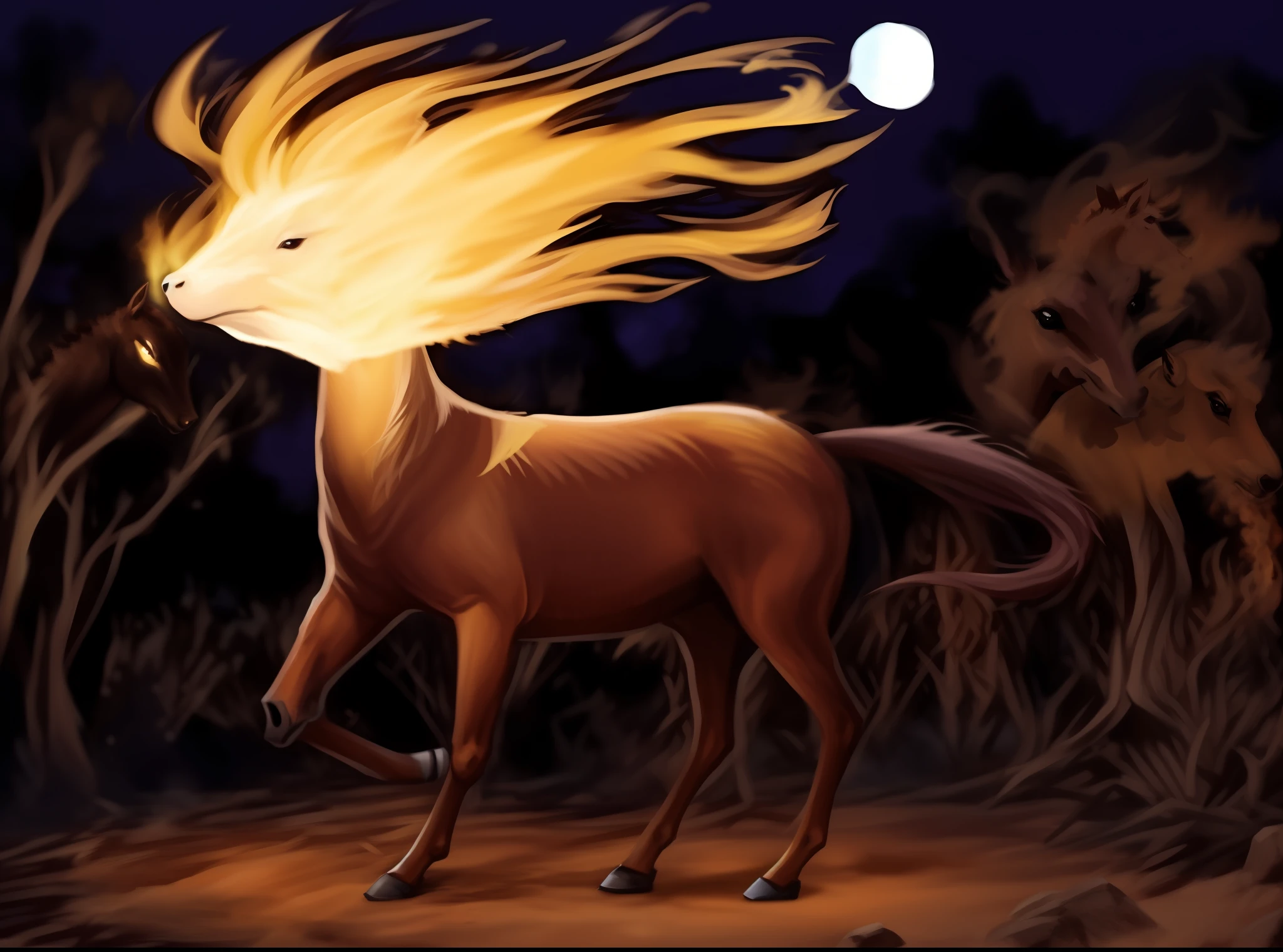 pintura de um cavalo com uma cauda de fogo correndo no escuro, mythical creature, ghost of the fire spirit, A mythical creature, Cavalo Centauro, rabo de cavalo, Centauroo macho Centauroo quimera, fire and flames mane, Centauro, representando um corgi feito de fogo, um Centauroo, mythical creatures, three - tailed fox, mago antigo