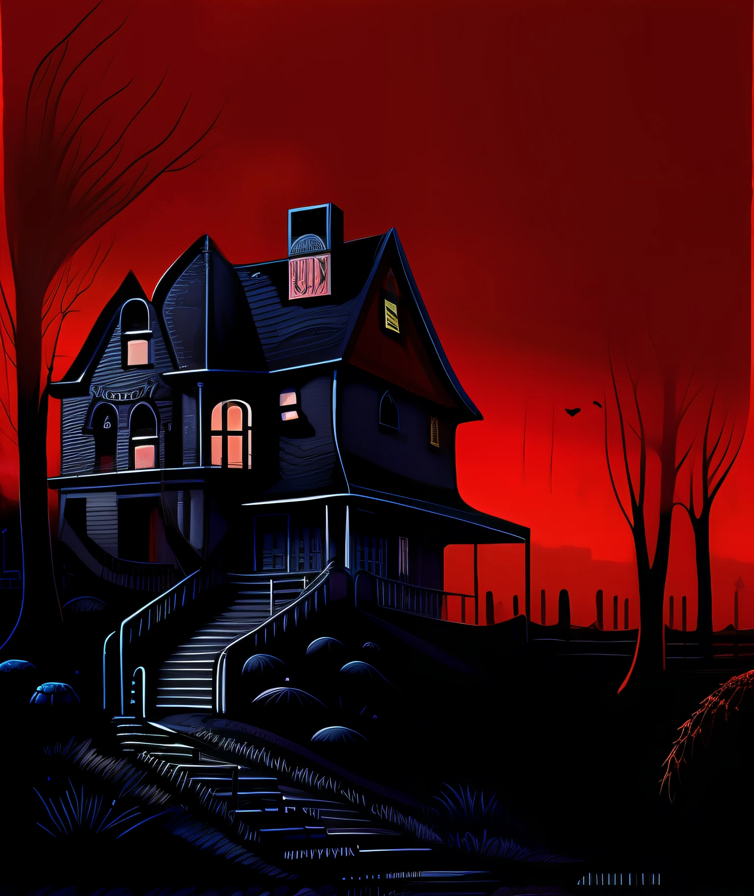 a painting of a house with a person standing in the doorway, Arte do Terror elegante, Arte do Terror, horror illustration, arte do cartaz do filme de terror, Arte do Terror 4k detalhada, Amityville, estilo poster de filme de terror, Science fiction horror arts, de filmes de terror, horror wallpaper aesthetic, cartaz de terror, Arte do Terror, arte conceitual de terror, imagem de horror, atmosfera de horror, Cartunesco, desenho, desenho a caneta, hand drawing