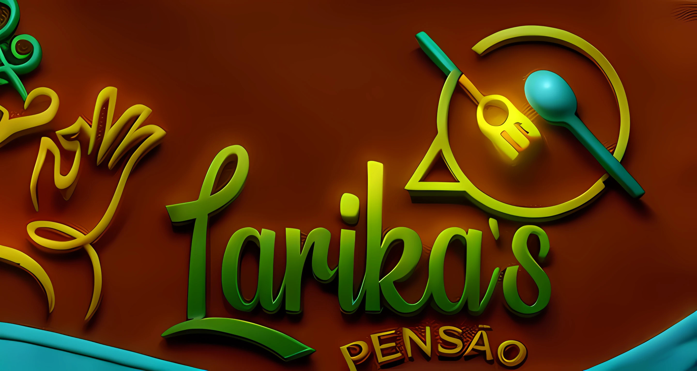 um banner vermelho e amarelo com uma imagem de um garfo e colher, written Larika's Pension, a mais alta qualidade, cores branca vermelha e amarelo.