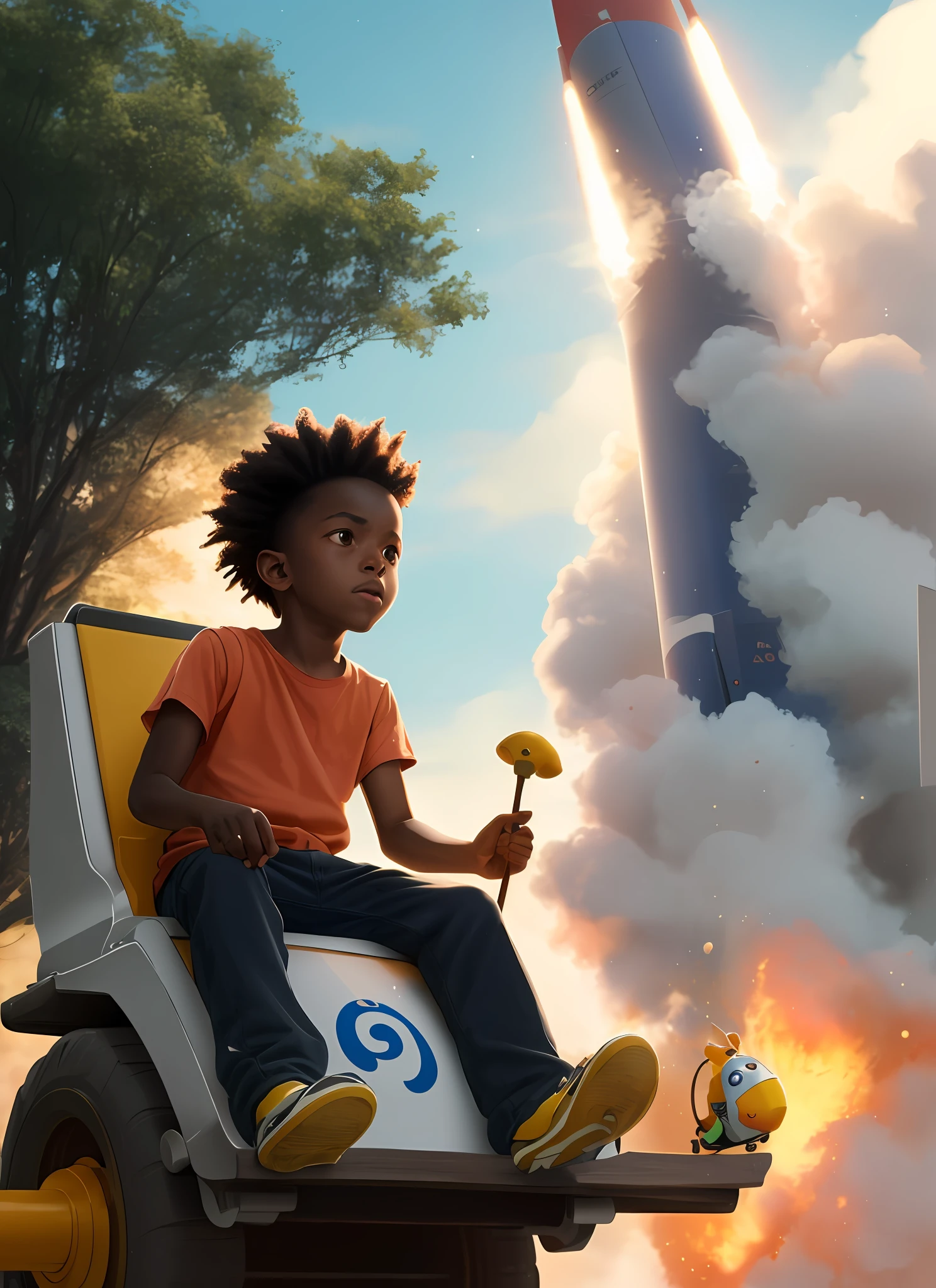 a realistic cinema still of a ((black)) ((african)) boy seated on a rocket powered snail going at light speed, ((Motion blur)) ((colorful)) ((pixar))