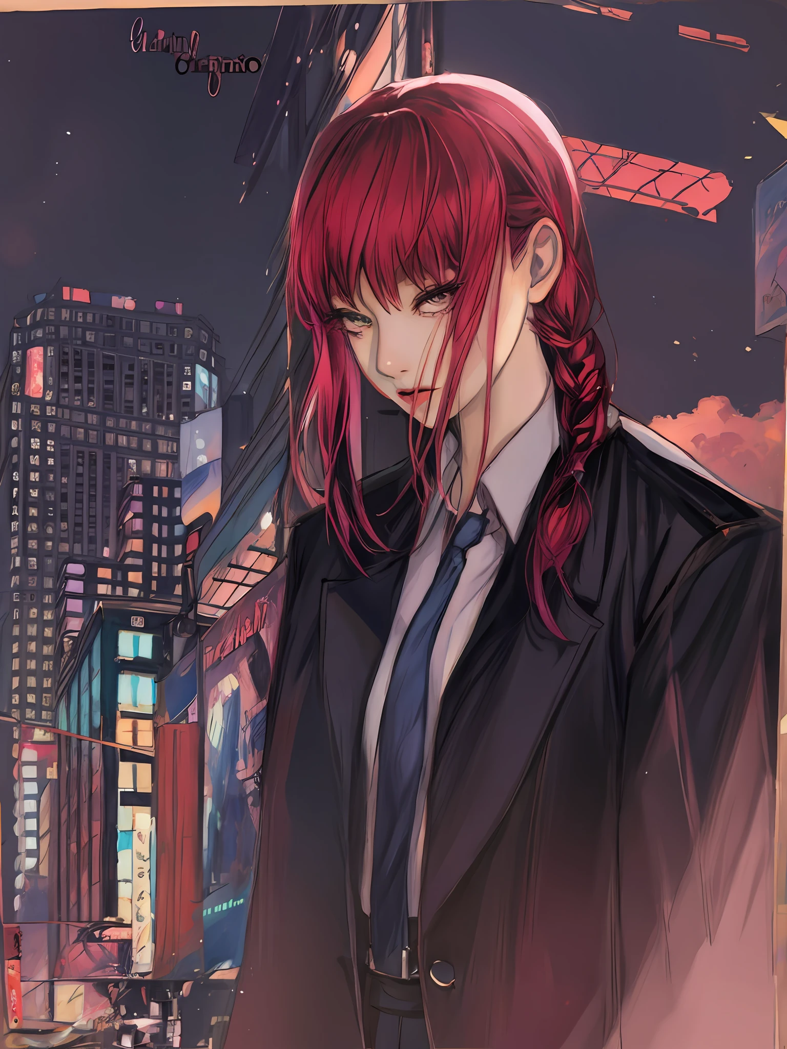 pintura de uma mulher com cabelo vermelho e uma jaqueta preta, inspirado em Ib Eisner, em neo tokyo, desenhado em um estilo neo - noir, fanart menina urbana, Sobre Ishida Art Manga, manga painting, inspirado em Yumihiko Amano, Estilo anime cityscape, capa de arte, inspirado em Harumi Hironaka, inspired by Munakata Shikō