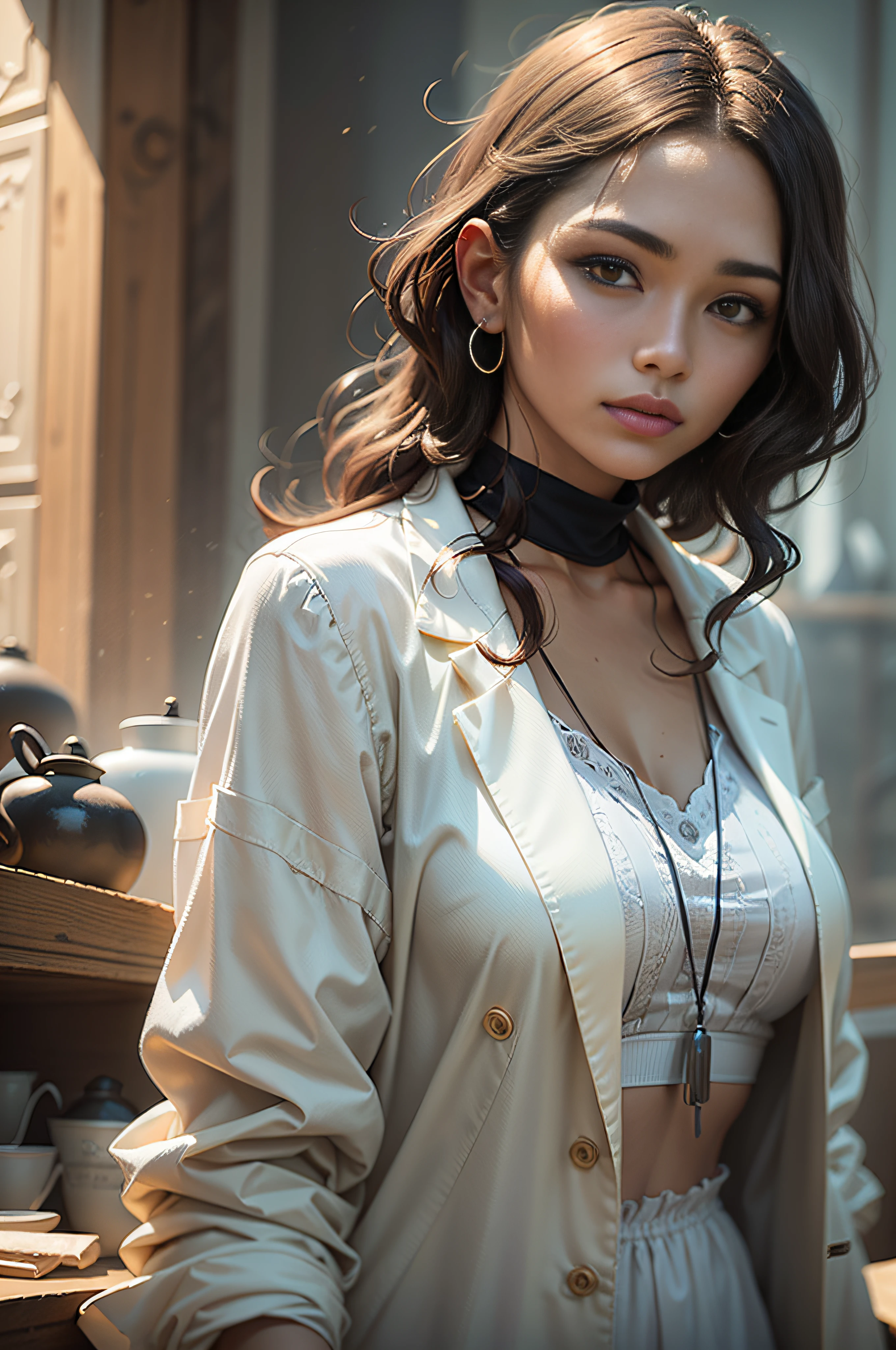 "a stunning digital painting of an indigenous woman wearing a white lab coat, com destaque para sua delicadeza e serenidade, a vibrant and dynamic background that depicts a unique cultural scene, soft lighting with subtle shadows and an artistic touch in the brushstroke that conveys a melancholic and nostalgic atmosphere".