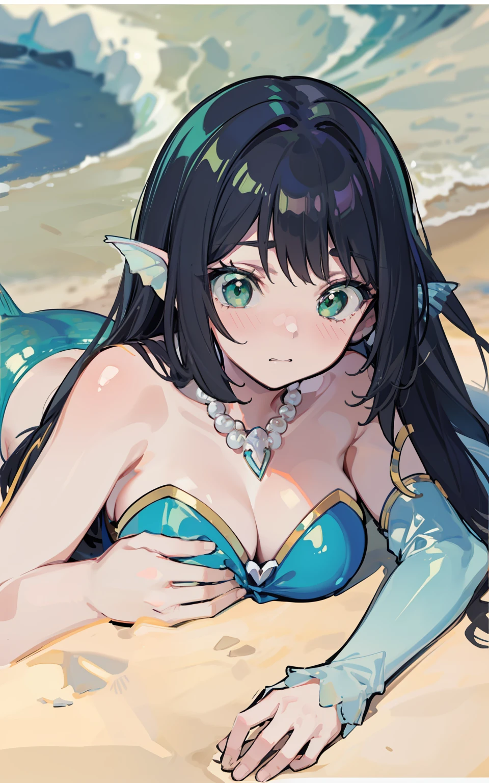 1girl, mermaid, dark hair, green eyes, pearl necklace, laying down, embarrassed, boob touch, sandy beaches. Peaceful ambiance. (masterpiece:1.2), (best quality:1.3).