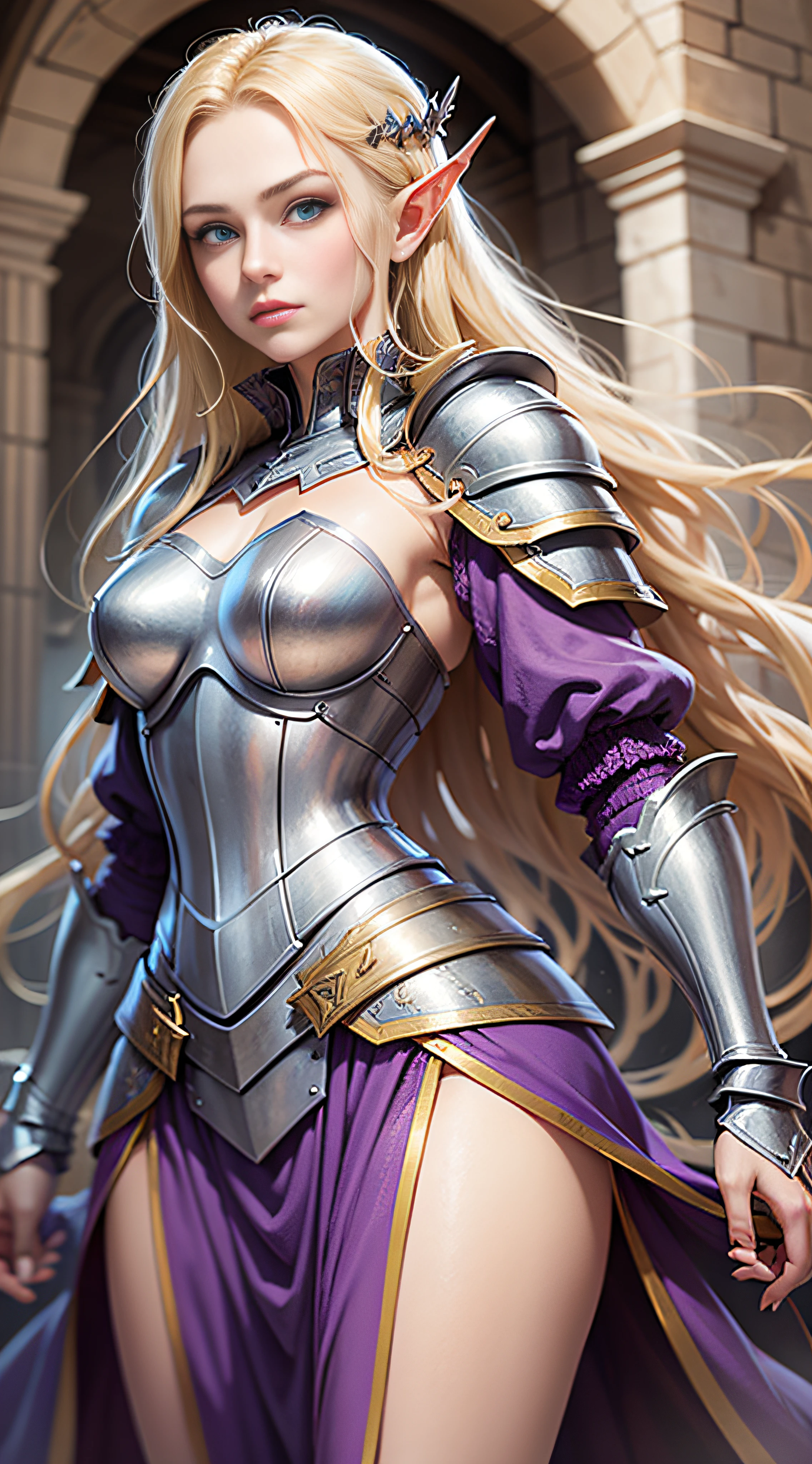 young half-elf woman with straw-blonde hair and pale blue eyes, wearing gleaming plate armor with a purple vestment over it, armpits, atop a medieval castle rampart