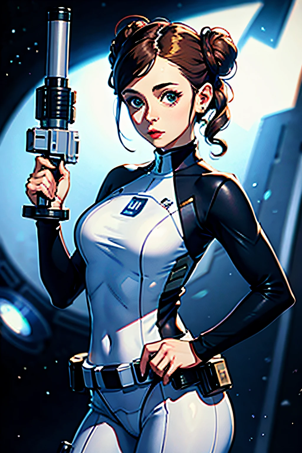 Princess Leia star wars, tight clothes, white, hair buns, holding blaster rifle