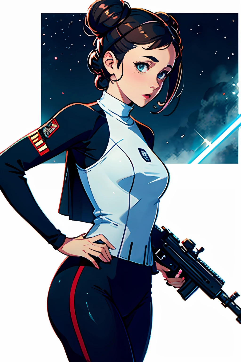 Princess Leia star wars, tight clothes, white, hair buns, holding blaster rifle