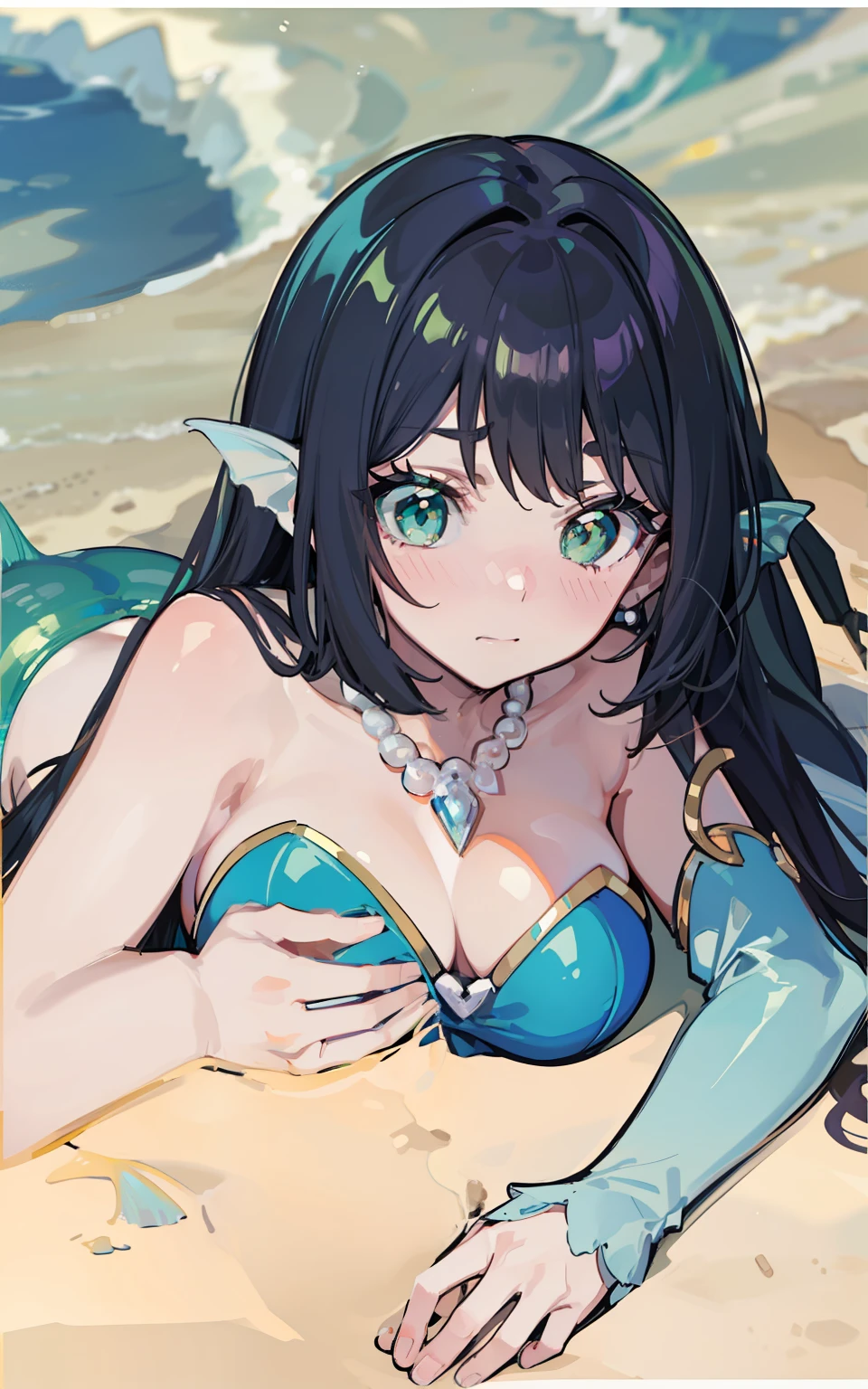 1girl, mermaid, dark hair, green eyes, pearl necklace, laying down, embarrassed, boob touch, sandy beaches. Peaceful ambiance. (masterpiece:1.2), (best quality:1.3).