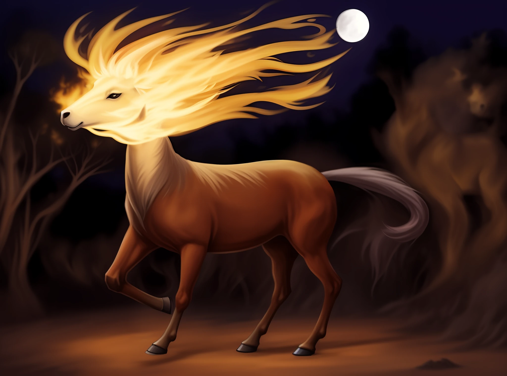 pintura de um cavalo com uma cauda de fogo correndo no escuro, mythical creature, ghost of the fire spirit, A mythical creature, Cavalo Centauro, rabo de cavalo, Macho centaurous quimera Centauroo, fire and flames mane, Centauro, representando um corgi feito de fogo, next to: Centauroo, mythical creatures, three - tailed fox, mago antigo