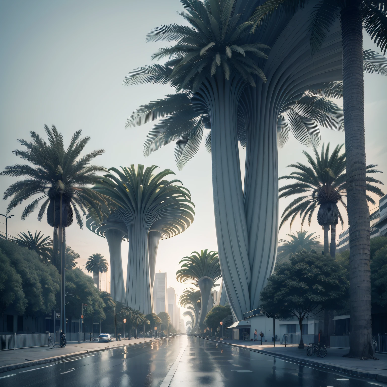 Futuristic architecture, arquitetura premiada, skyscraper architectureCity, photographic style, Rendering, Alameda de plane trees, Highly detailed dream building in the architectural styles of Oscar Niemeyer and Ernst Haeckel :: arquiteturacore :: High contrast wide avenue in front full of trees, Palmeiras, dwarf palms