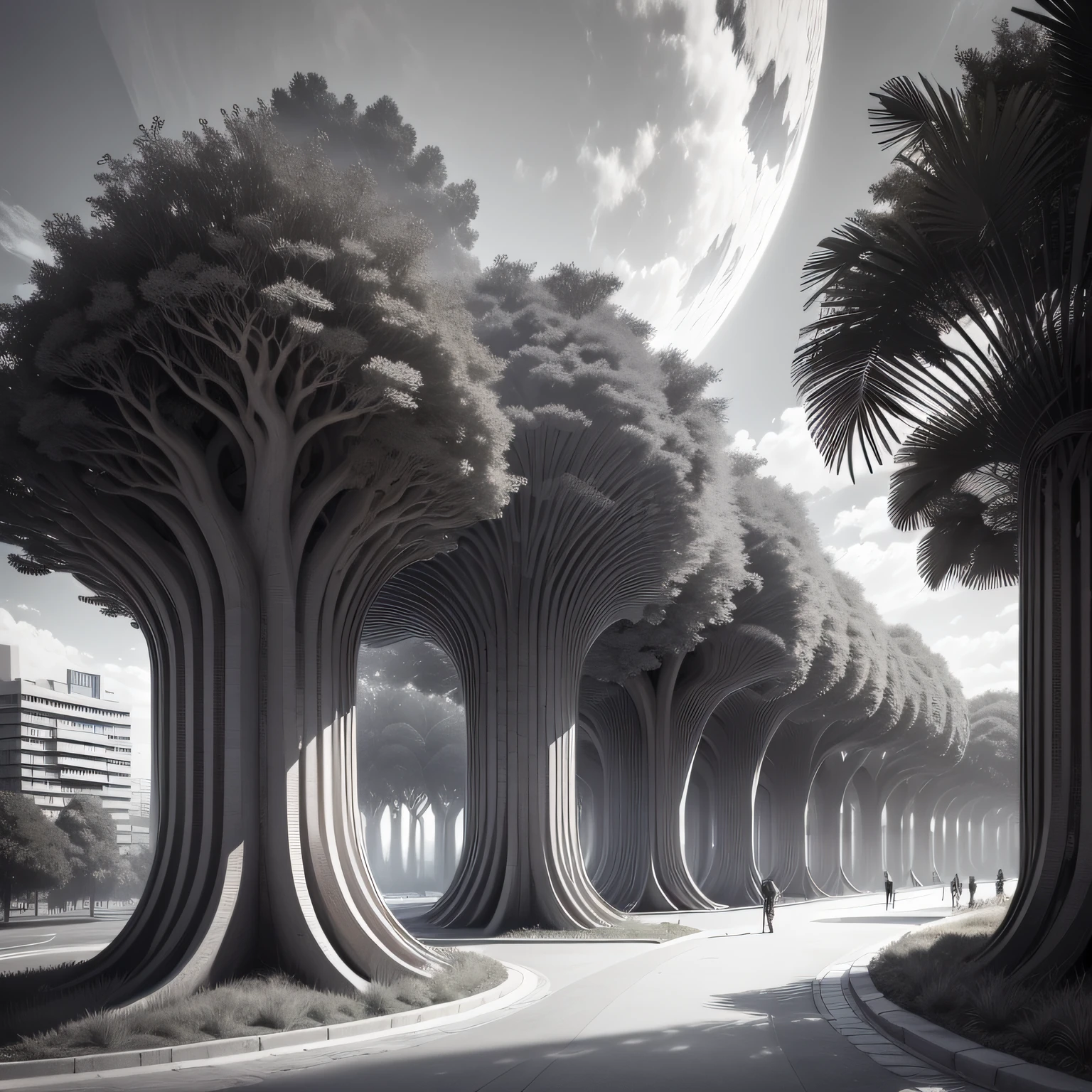 Futuristic architecture, arquitetura premiada, skyscraper architectureCity, photographic style, Rendering, Alameda de plane trees, Highly detailed dream building in the architectural styles of Oscar Niemeyer and Ernst Haeckel :: arquiteturacore :: High contrast wide avenue in front full of trees, Palmeiras, dwarf palms