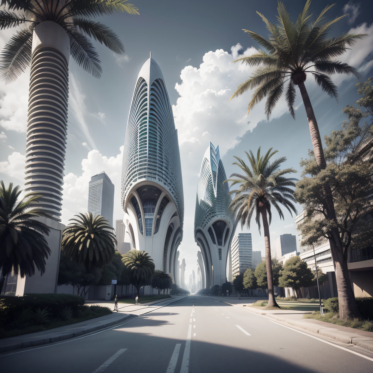 Futuristic architecture, arquitetura premiada, skyscraper architectureCity, photographic style, Rendering, Alameda de plane trees, Highly detailed dream building in the architectural styles of Oscar Niemeyer and Ernst Haeckel :: arquiteturacore :: High contrast wide avenue in front full of trees, Palmeiras, dwarf palms