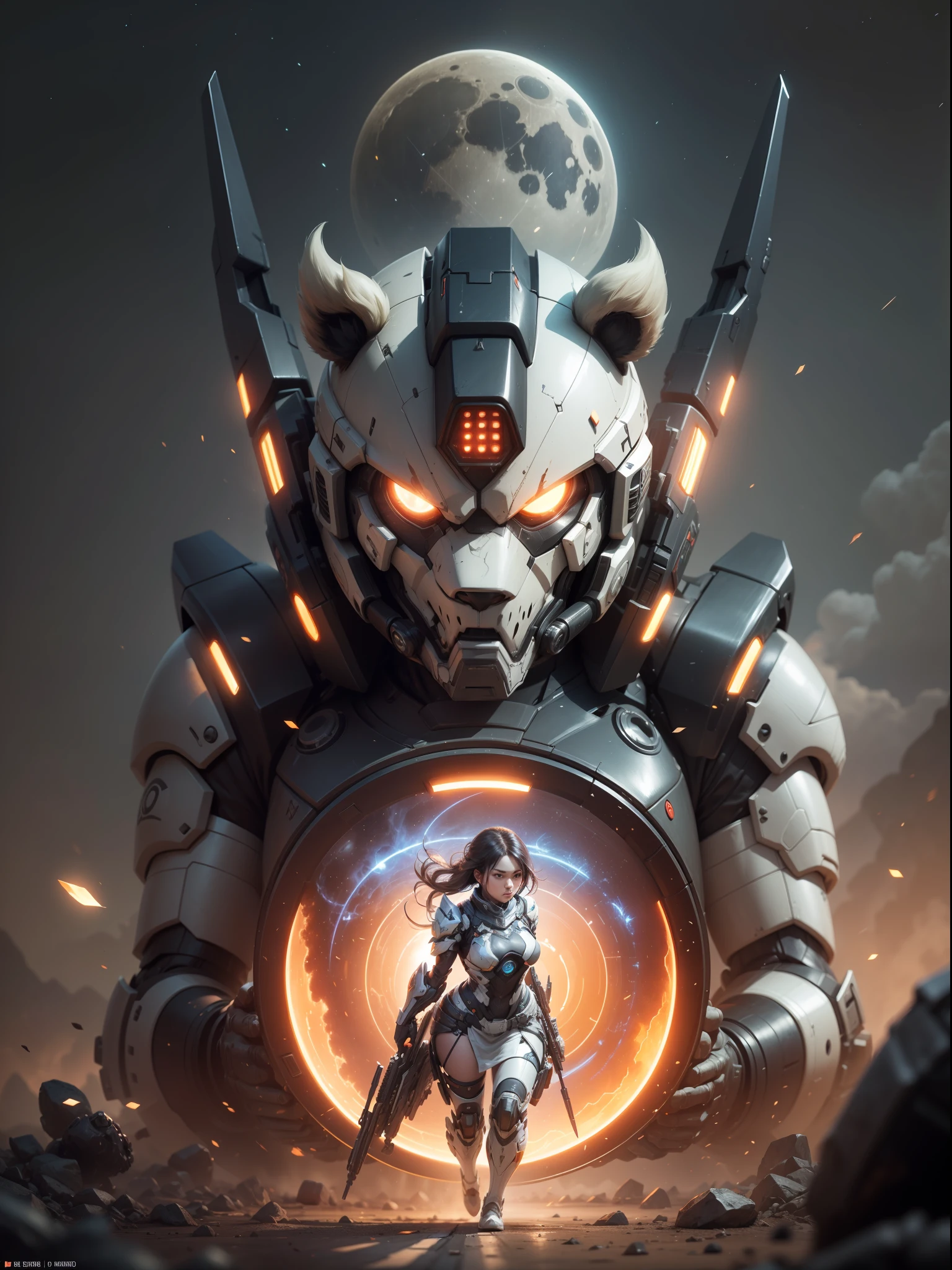 (((The girl faced the huge panda mech and sat on the ground in the center of the huge glowing magic summoning array))),((Girl close-up strengthened)),(((ultra fine))),Night,moon light,Shoot at 8K resolution,Gasoline liquid,,Lithography in intricate details,dongh(Light particles:1.2),(game concept:1.3),(deep of field:1.3),Global illumination,well detailed,Trends on ArtStation,Epic shooting,Cinematic lighting