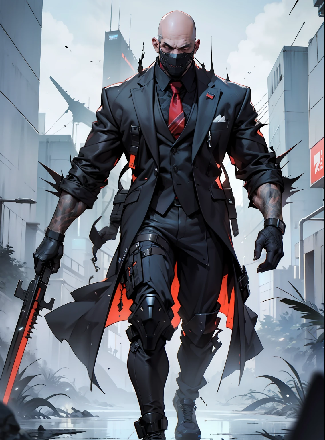 character sheet, full body, fred krueger in black suit and red tie, looking to the cammera, imponent, lord, governor, president, boss, cyberpunk black suit, bald, burned skin face, intricate detail, high detail, full color, perfect anatomy, centered, approach to perfection, 4k , cinematic dramatic atmosphere, artstation, concept art, fluid and sharp focus, volumetric lighting, cinematic lighting