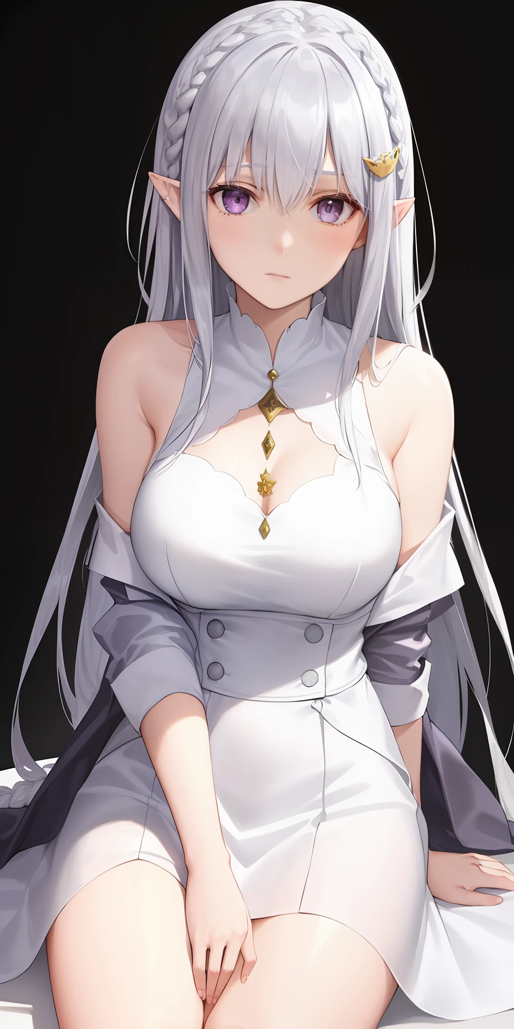 Best quality, highly detailed, masterpiece, super detailed, (realism: 1.2), 1 girl, (white background), simple background, delicate eyes, silver hair, purple eyes, hair_ornament, (white off-the-shoulder shirt: 1.3), long hair, pointed ears, crown braids, expressionless face, straight hair, (++ sitting: 1.2), big breasts,