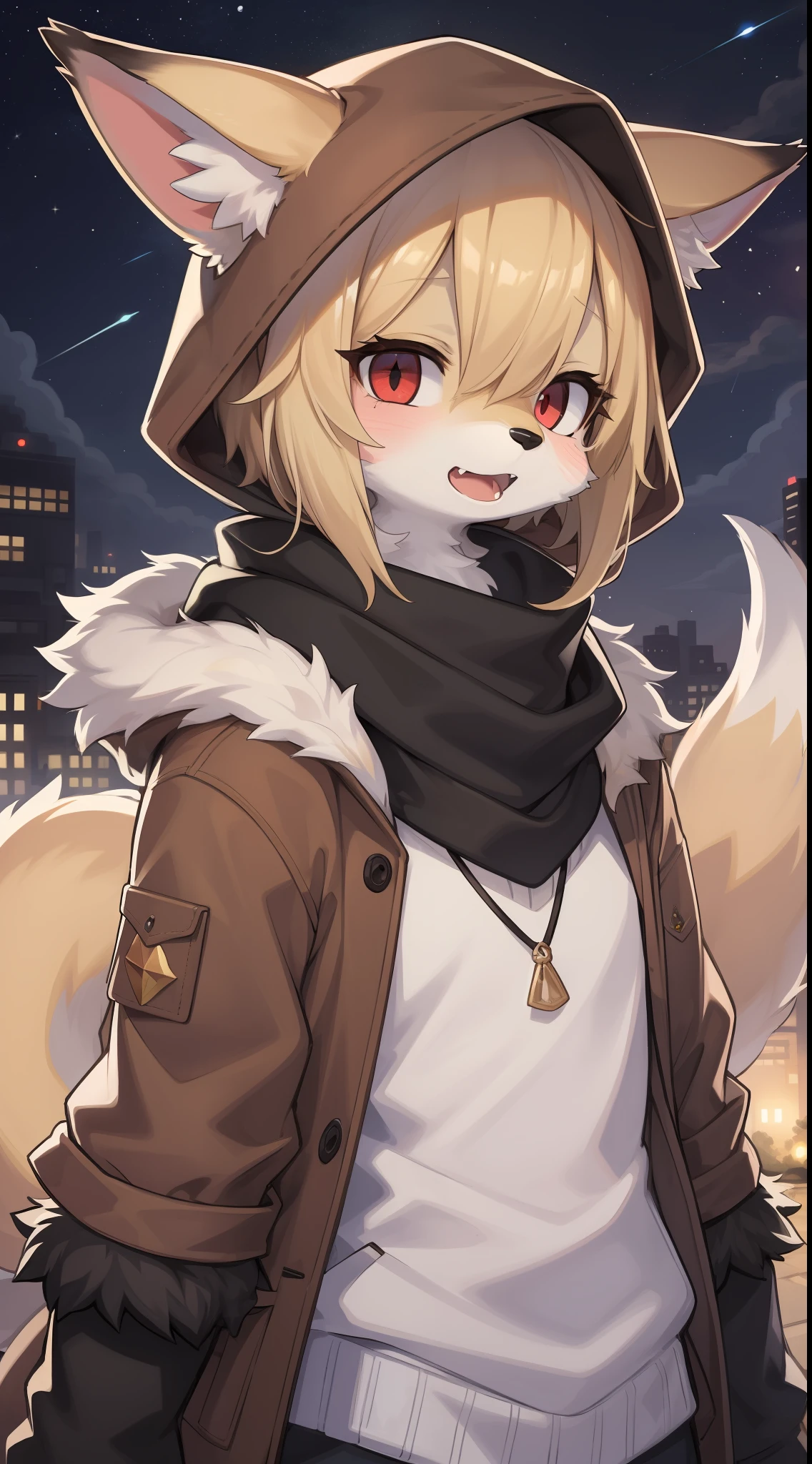 Fox Boy，Boy，was hairy，shaggy，Smoothes lashes，Skin fur，Golden fur，Short hair in men，Forelimb hands， solid circle eyes，Golden ears，Golden face fur , Short blonde hair，Red eyes，Super cute face，Brown elements on fur，Brown hooded jacket brown hood up，Ambient light，Ultra-fine fur，volumettic light，Night,natural day light，fox tails，Fluffy tail，furries wearing tails，Big tail，nevando，Night，starry skies，seawall，crossed bangs, hair strand, Shiny hair，feelings，Open your mouth slightly，Empty eyes，tired，Sleepy，dark circles，35mm，sharp talons。High quality, high detailled, Best quality, Ultra HDR， Dark brown gloves，Red diamond scarf，独奏
