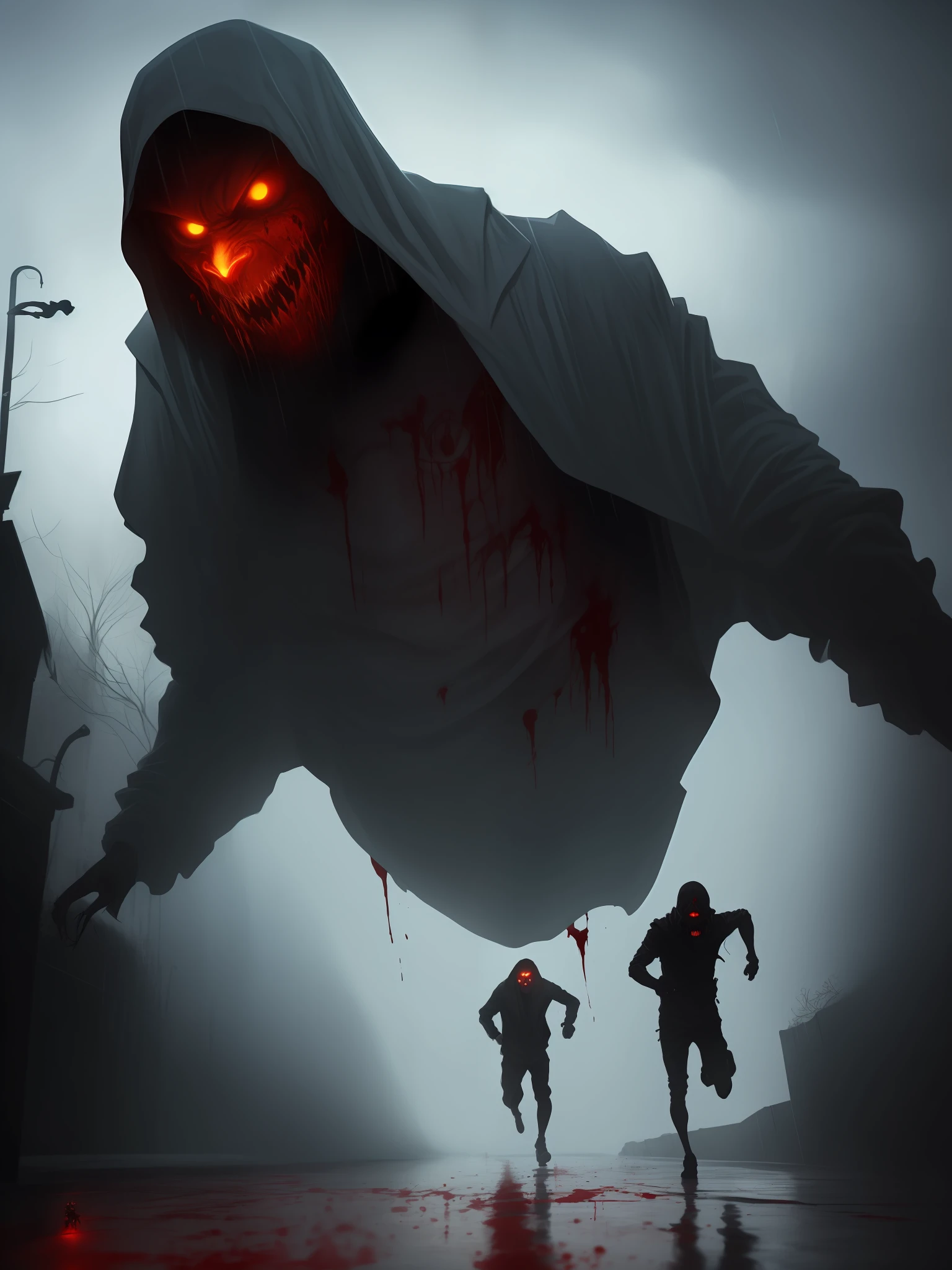 A creepy creature lurks in the shadow while a scared woman tries to run in the rain. He is covered in blood and has a lunatic look in his eyes as he is about to strike