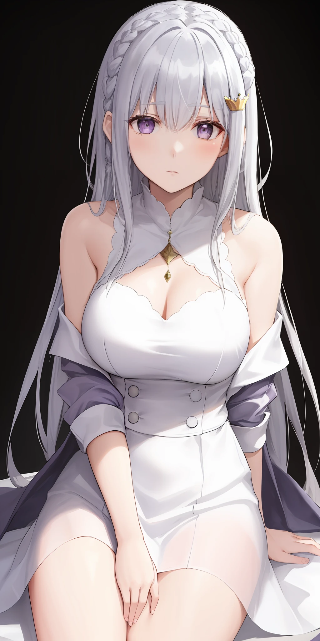 best possible quality，highly detaild，The Masterpiece，ultra - detailed，（fidelity：1.2），1girl with big breasts，（white background），simple Backgrounds，exquisite eyes，Silvery hair，purple  eyes，hair_ornament，（White off-the-shoulder shirt：1.3），Long hair，，crown braid，Expressionlessly，Straight hair，（++Seated position：1.2），Giant tits，