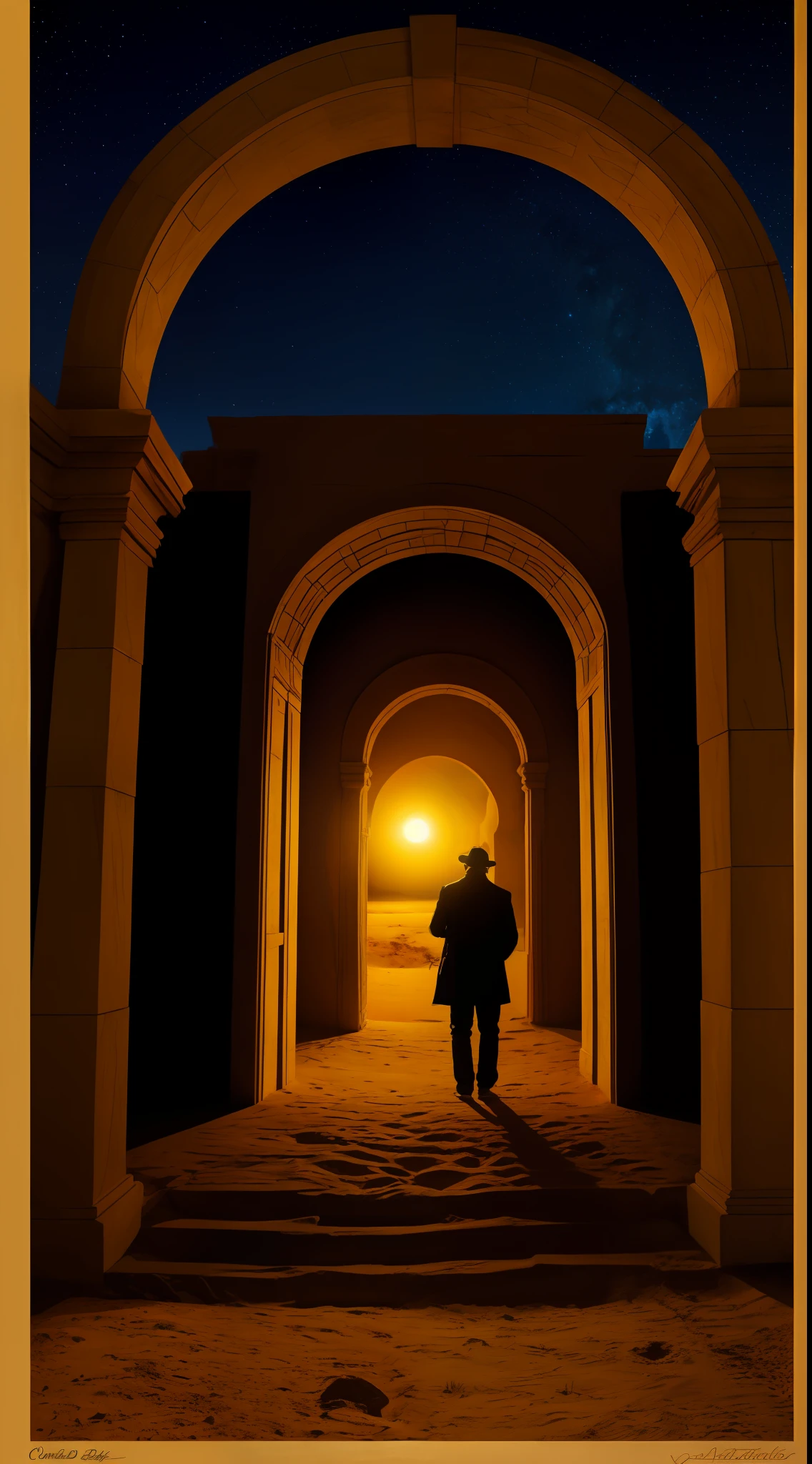 En medio de un desierto nocturno, There is the imposing entrance of a portal to another dimension. Las columnas del portal se alzan majestuosas, adornadas con altos detalles dorados en relieve que resplandecen bajo la luz de la luna. La estructura del portal se funde con la oscuridad del desierto, creating a mysterious and fascinating atmosphere that invites you to discover the unknown beyond its threshold. Modificadores: Imponente, enigmatic, dorado, detallado, nocturno, Mystic, intrigante. Artistic inspiration/estilo: Inspired by the works of Gustave Doré, Romantic art and fantastic style. Technical specifications: Detalles precisos en las columnas, efecto de relieve dorado, resaltado, contraste definido en la oscuridad del desierto, Enigmatic atmosphere, profundidad de campo, --v 5 --q 2