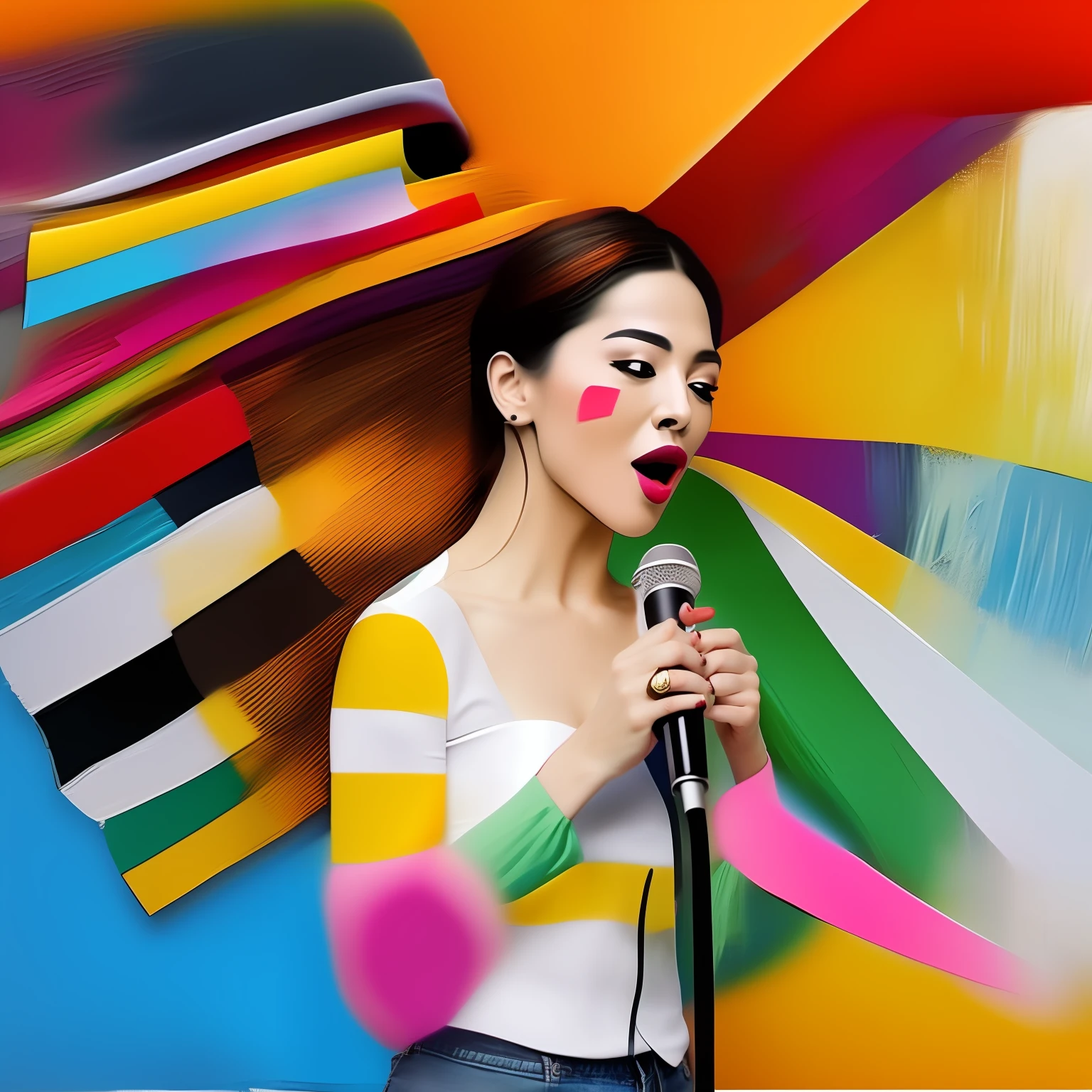 an artistic painting, half body woman made of paint strip, colorful, dynamic, Something, Pick up the microphone and sing.