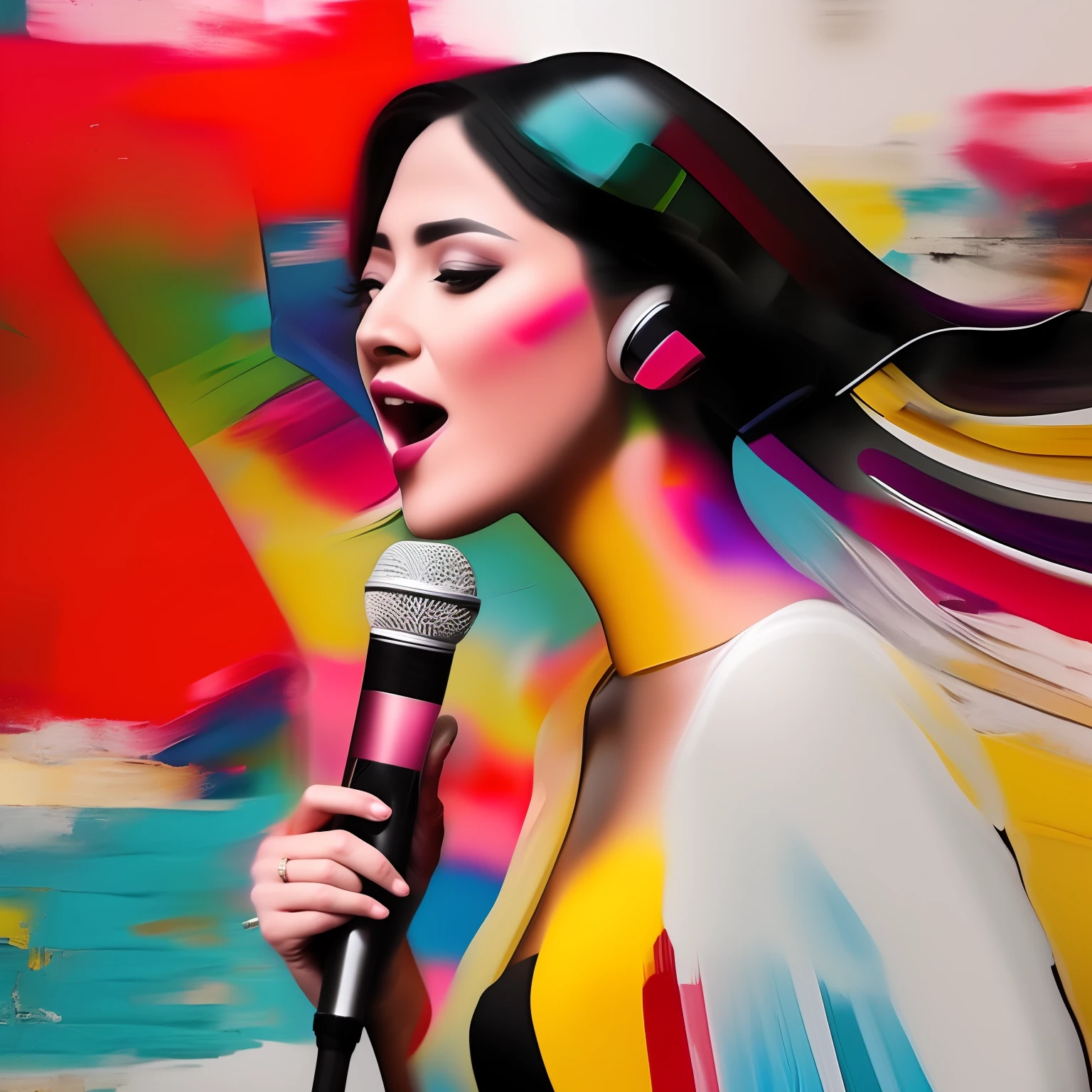 an artistic painting, half body woman made of paint strip, colorful, dynamic, Something, Pick up the microphone and sing.