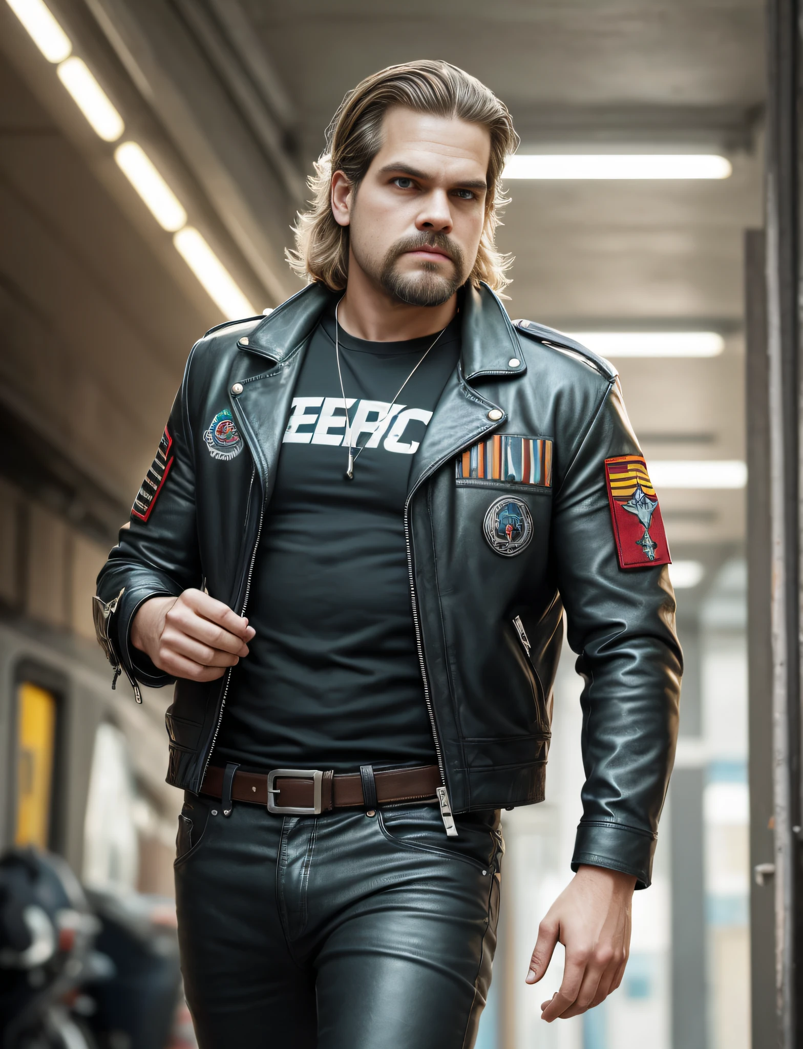Um retrato fotografia de corpo inteiro Um motorista de caminhoneiro pesado de meia idade atrativo, David Harbour, musculoso, cabelo estilo militar, jaqueta de couro , fisiculturista de barriga grande, black leather pants, epic realistic, foto, desbotado, cores neutras, ((((hdr)))), cores mudas, cena cyberpunk, detalhes intrincados, vinheta --auto --s2
